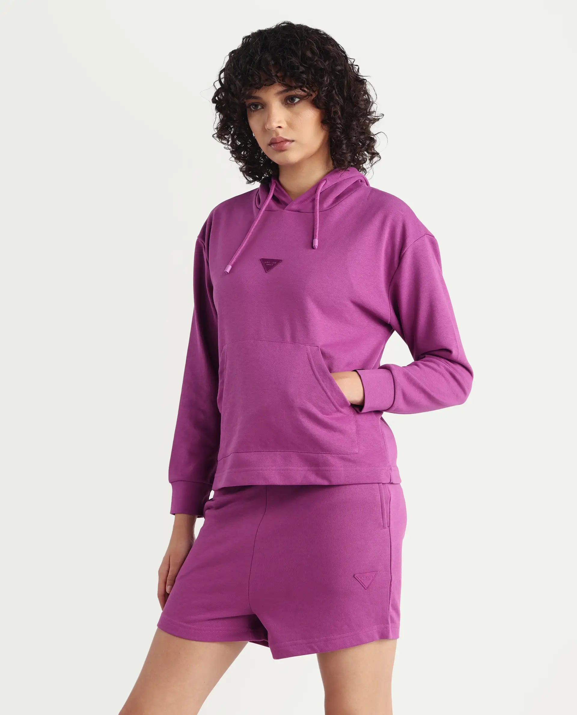 Rareism Women's Wally-1 Purple Cotton Blend Hooded Plain Relaxed Fit Sweatshirt