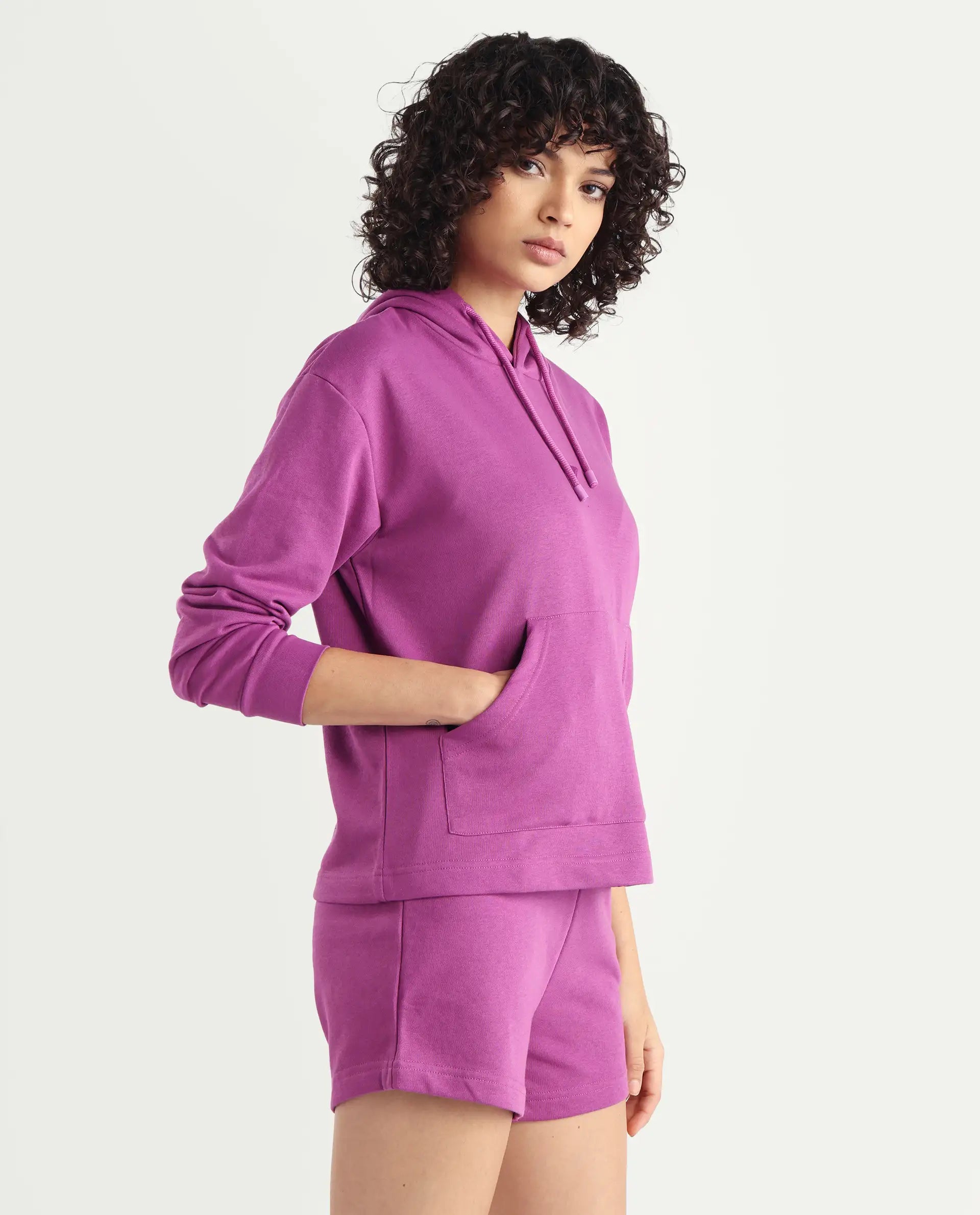 Rareism Women's Wally-1 Purple Cotton Blend Hooded Plain Relaxed Fit Sweatshirt