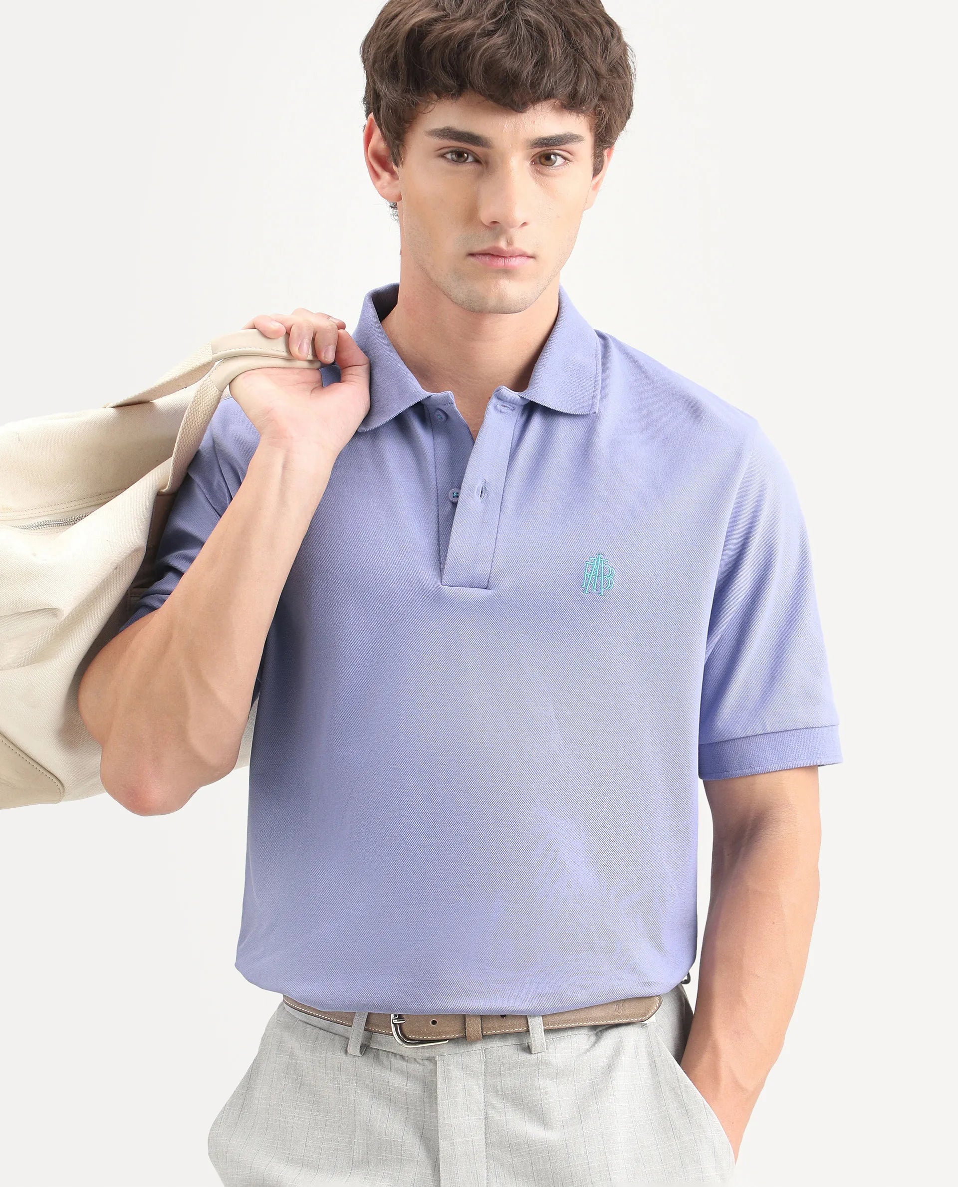 Rare Rabbit Men's Walp Purple Cotton Blend Spread Collar Regular Plain Polo