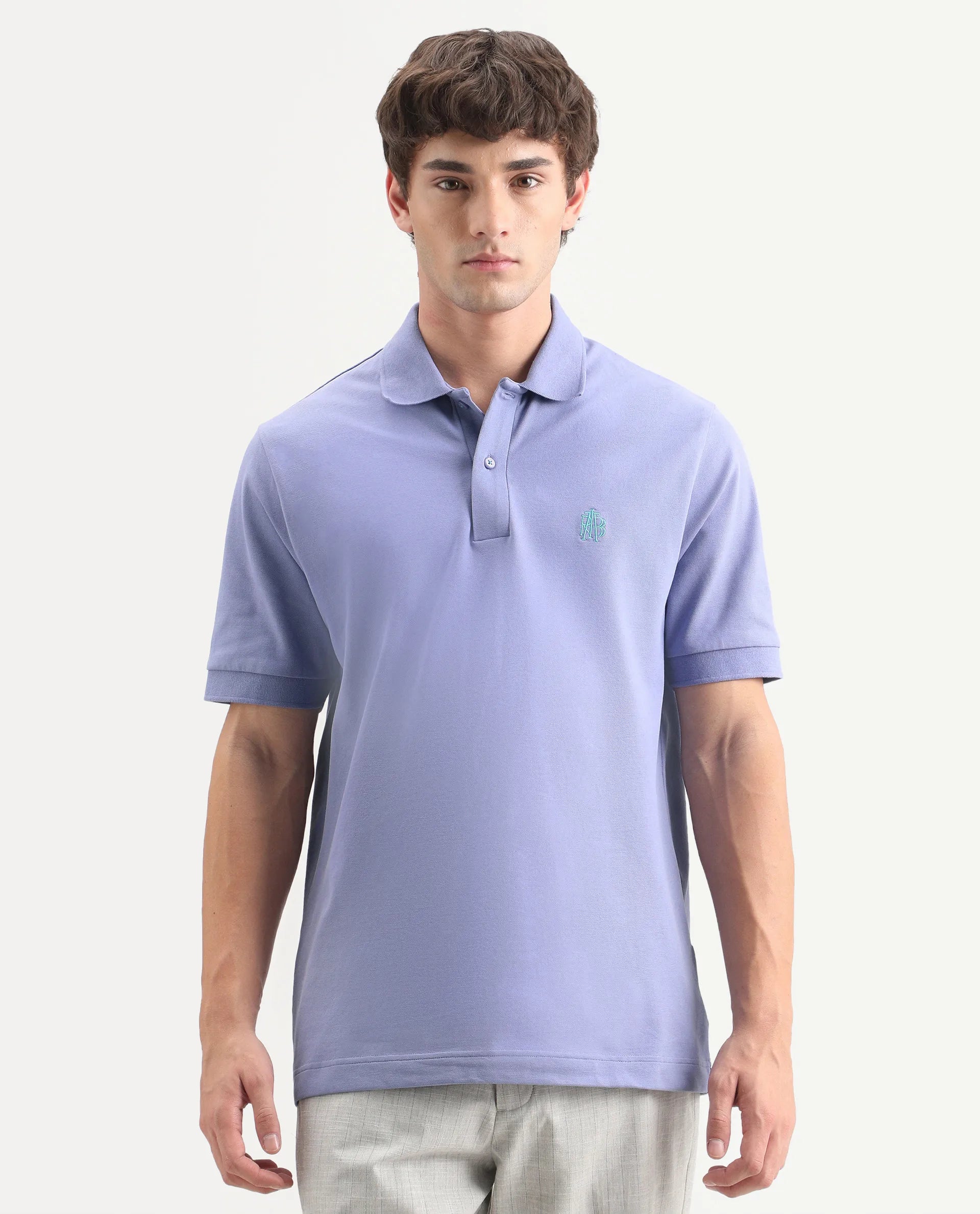 Rare Rabbit Men's Walp Purple Cotton Blend Spread Collar Regular Plain Polo