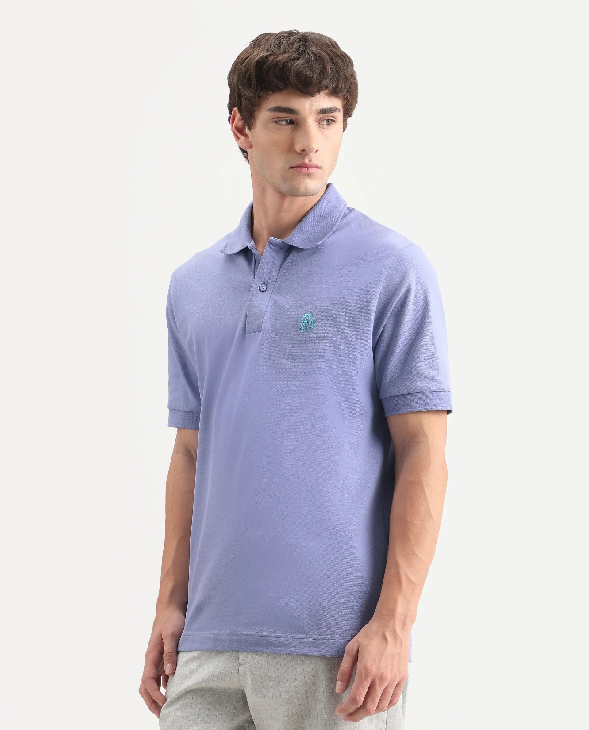 Rare Rabbit Men's Walp Purple Cotton Blend Spread Collar Regular Plain Polo