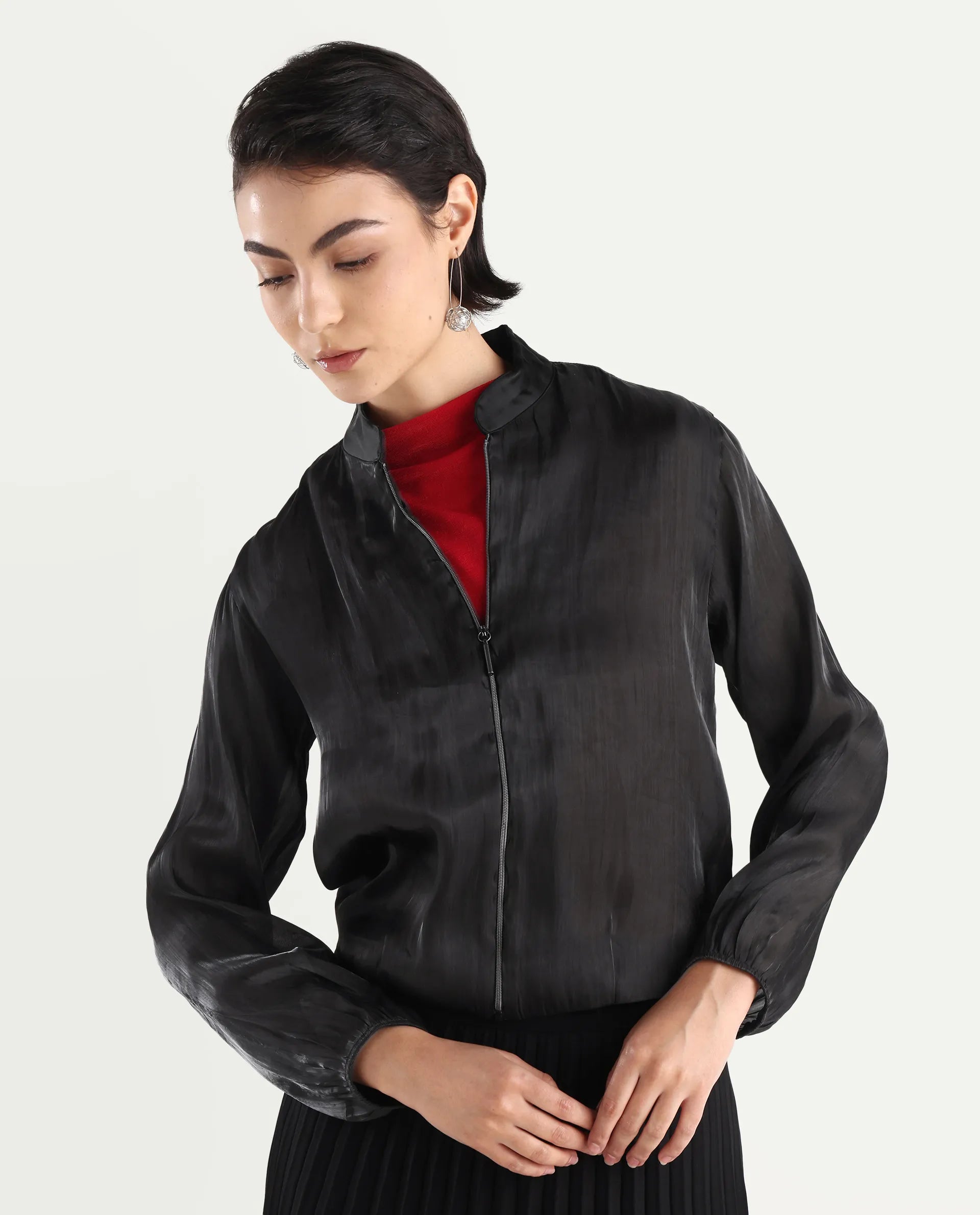 Rareism Women's Wals Black Mandarin Collar Plain Cuffed Sleeve Regular Fit Jacket