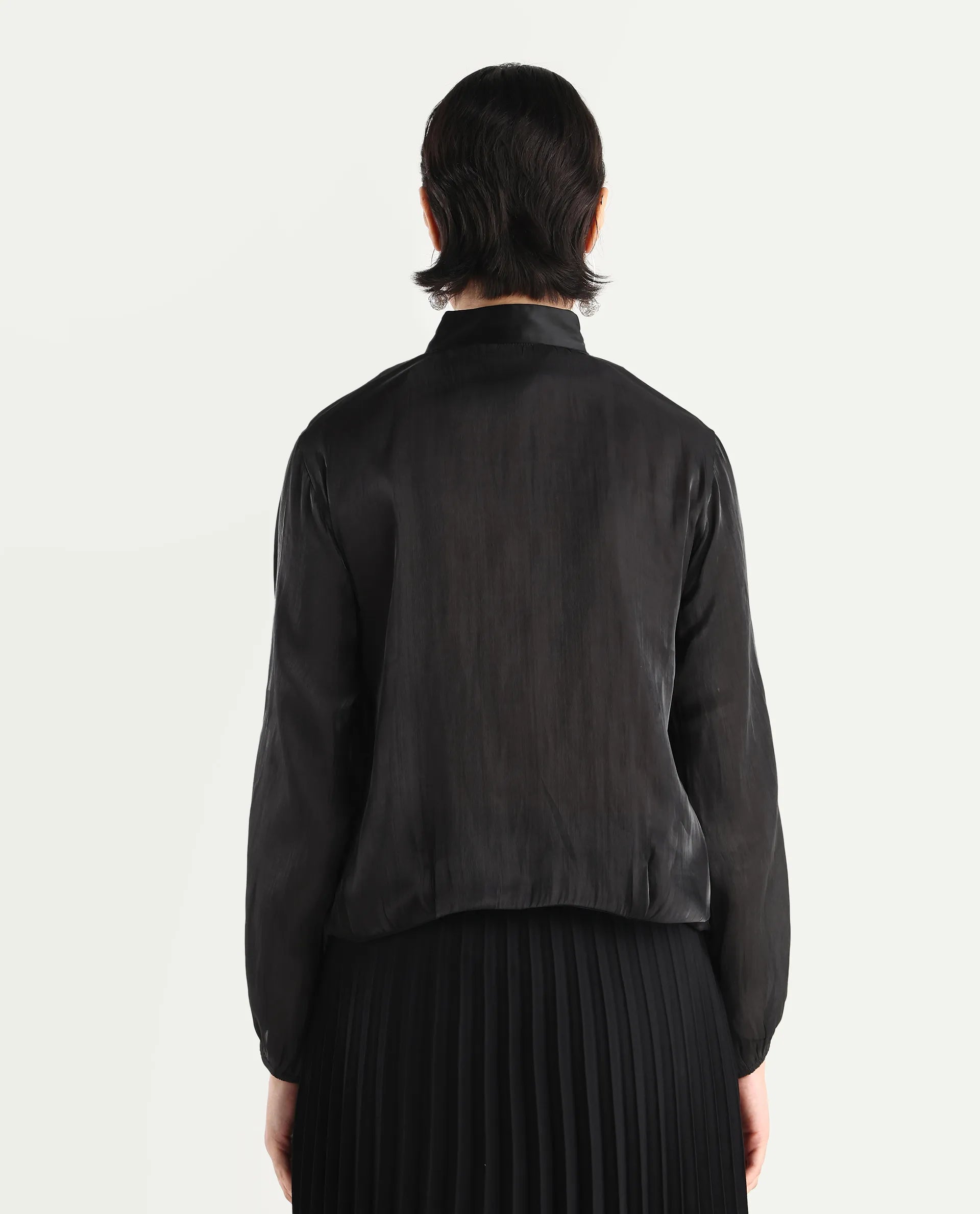 Rareism Women's Wals Black Mandarin Collar Plain Cuffed Sleeve Regular Fit Jacket