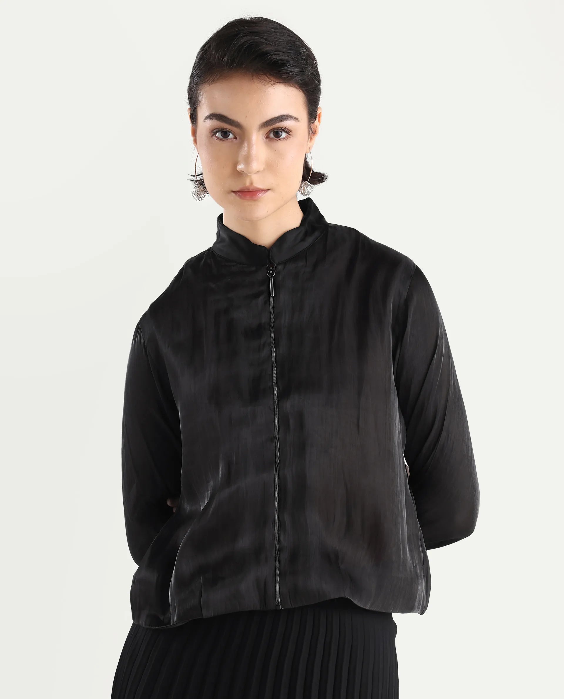 Rareism Women's Wals Black Mandarin Collar Plain Cuffed Sleeve Regular Fit Jacket