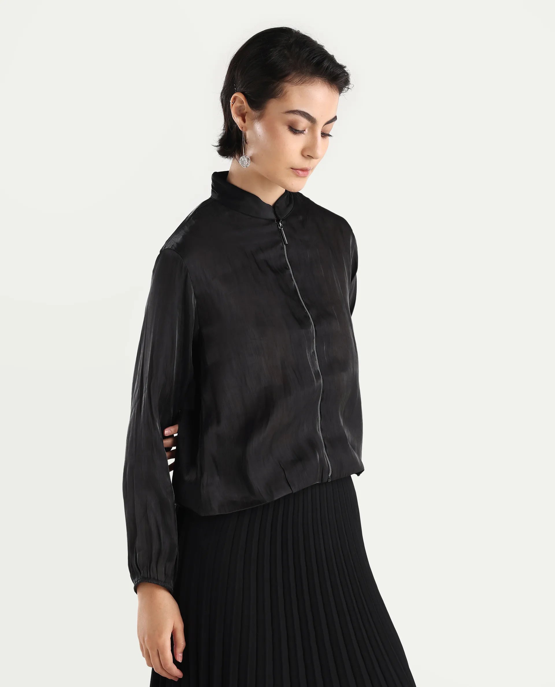 Rareism Women's Wals Black Mandarin Collar Plain Cuffed Sleeve Regular Fit Jacket