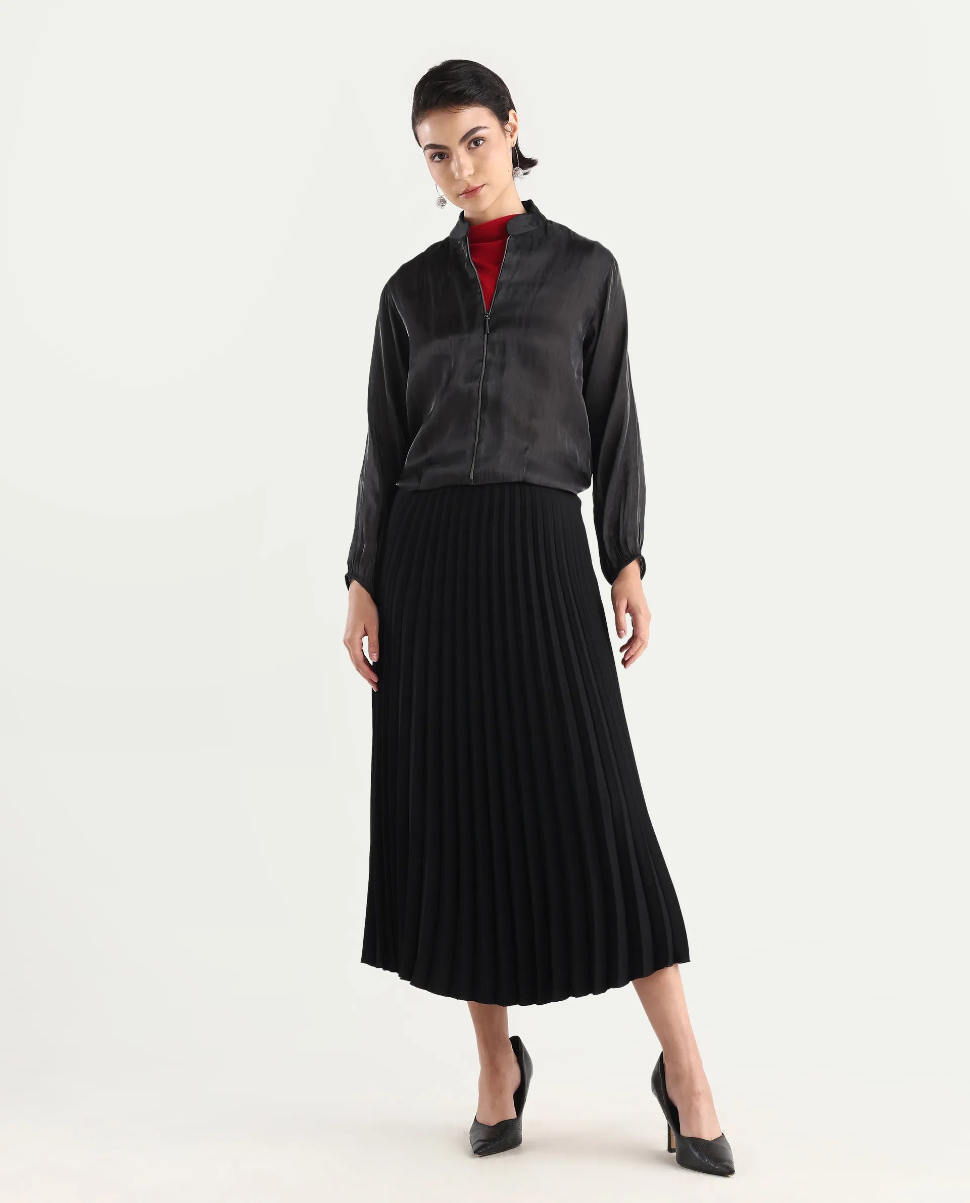 Rareism Women's Wals Black Mandarin Collar Plain Cuffed Sleeve Regular Fit Jacket