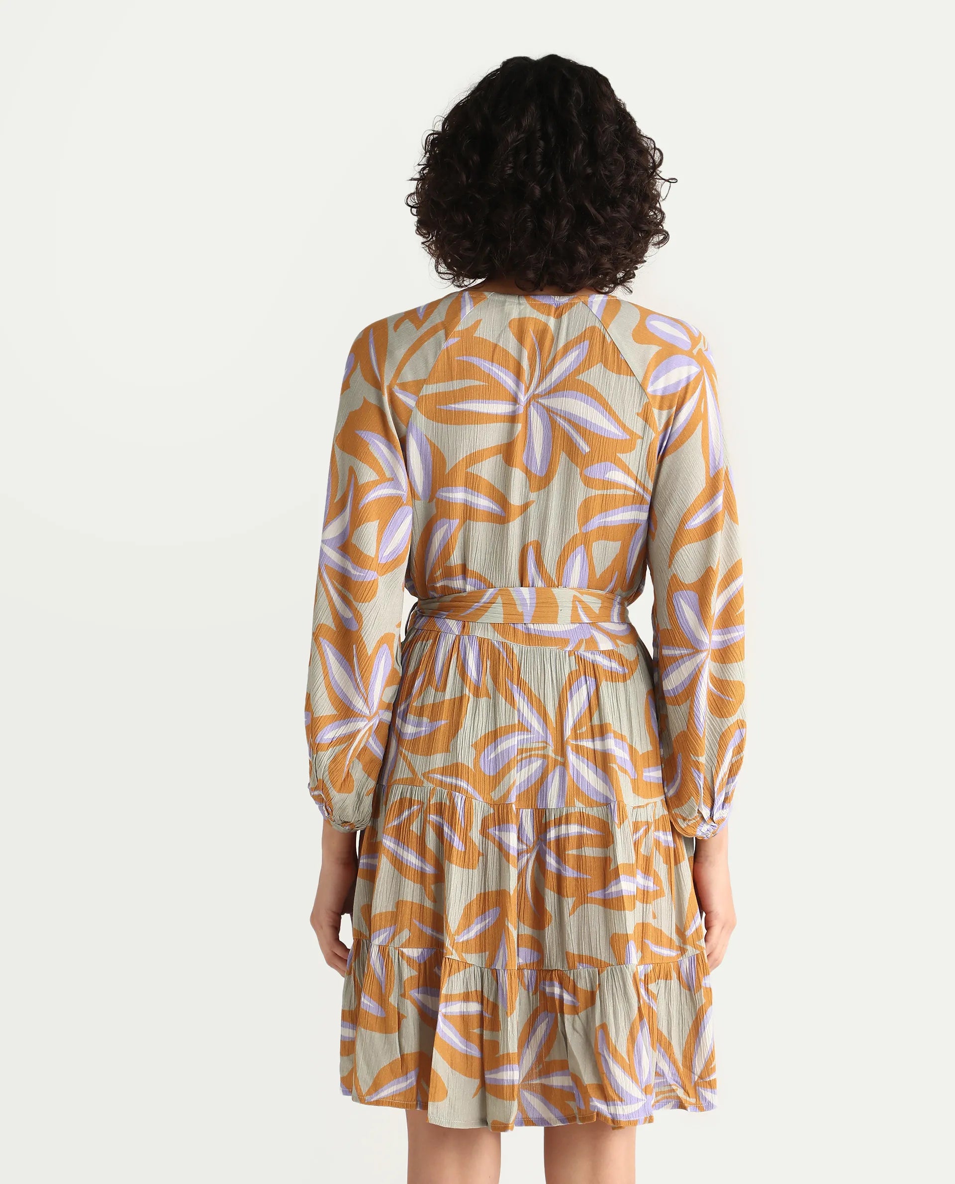 Rareism Women's Walter Light Multi Cotton Overlap Neck Abstract Print Raglan Sleeve Mini Fit And Flare Dress