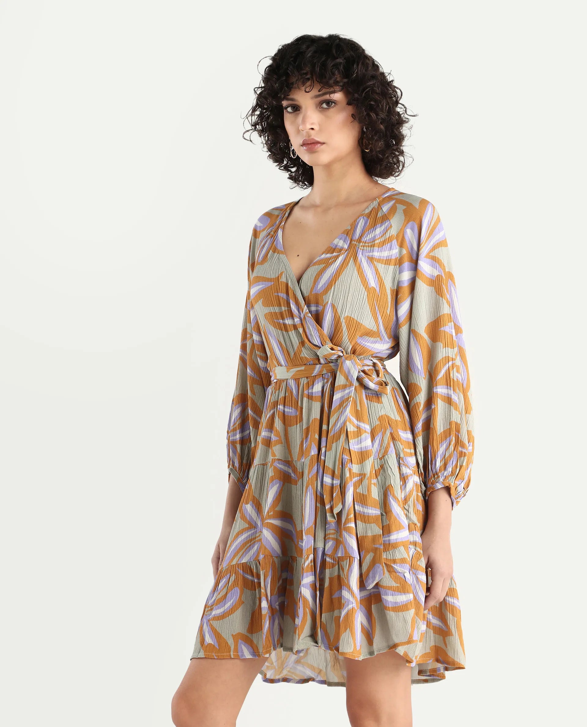 Rareism Women's Walter Light Multi Cotton Overlap Neck Abstract Print Raglan Sleeve Mini Fit And Flare Dress