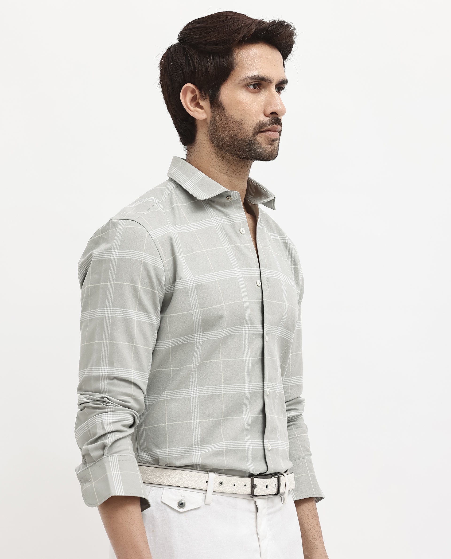 Rare Rabbit Men's Wando Grey Cotton Fabric Full Sleeve Regular Fit Checks Shirt