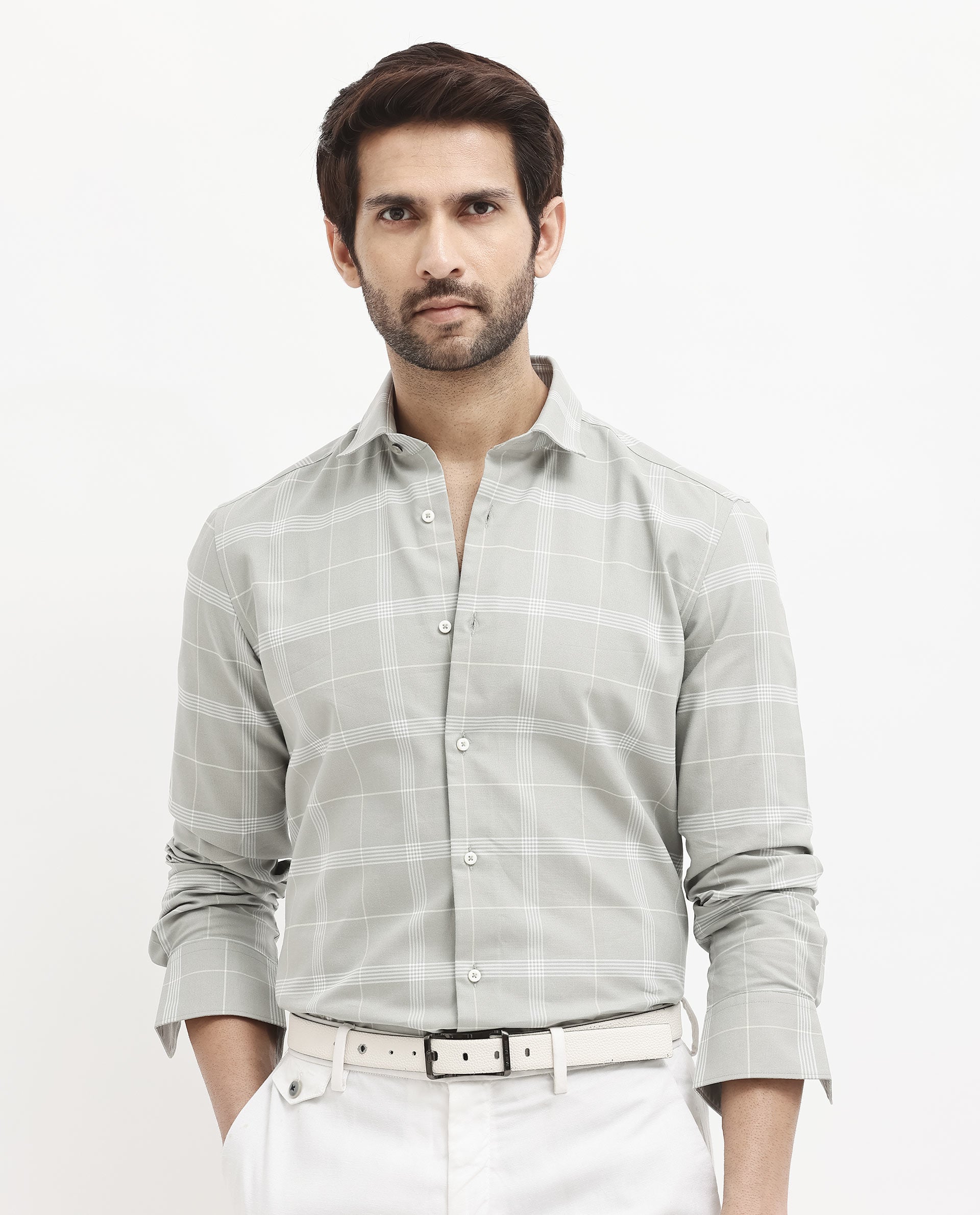 Rare Rabbit Men's Wando Grey Cotton Fabric Full Sleeve Regular Fit Checks Shirt