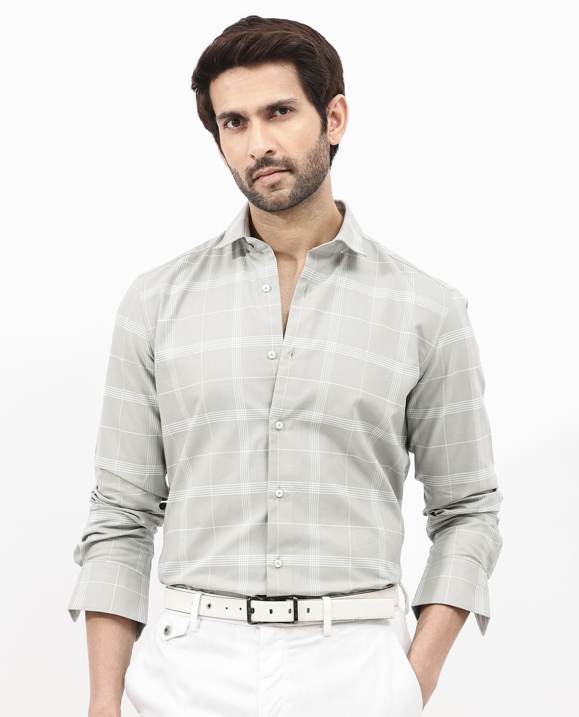 Rare Rabbit Men's Wando Grey Cotton Fabric Full Sleeve Regular Fit Checks Shirt