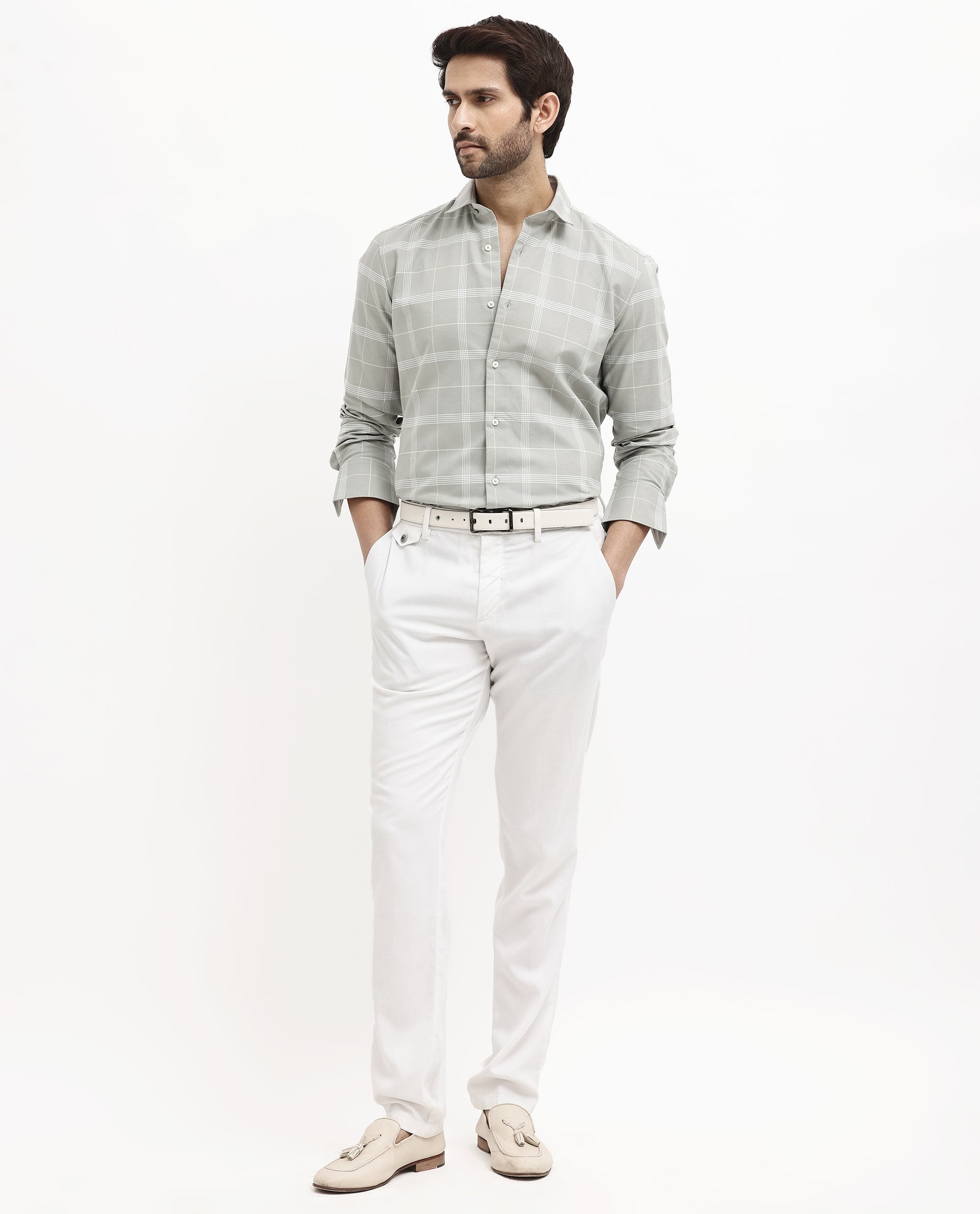 Rare Rabbit Men's Wando Grey Cotton Fabric Full Sleeve Regular Fit Checks Shirt