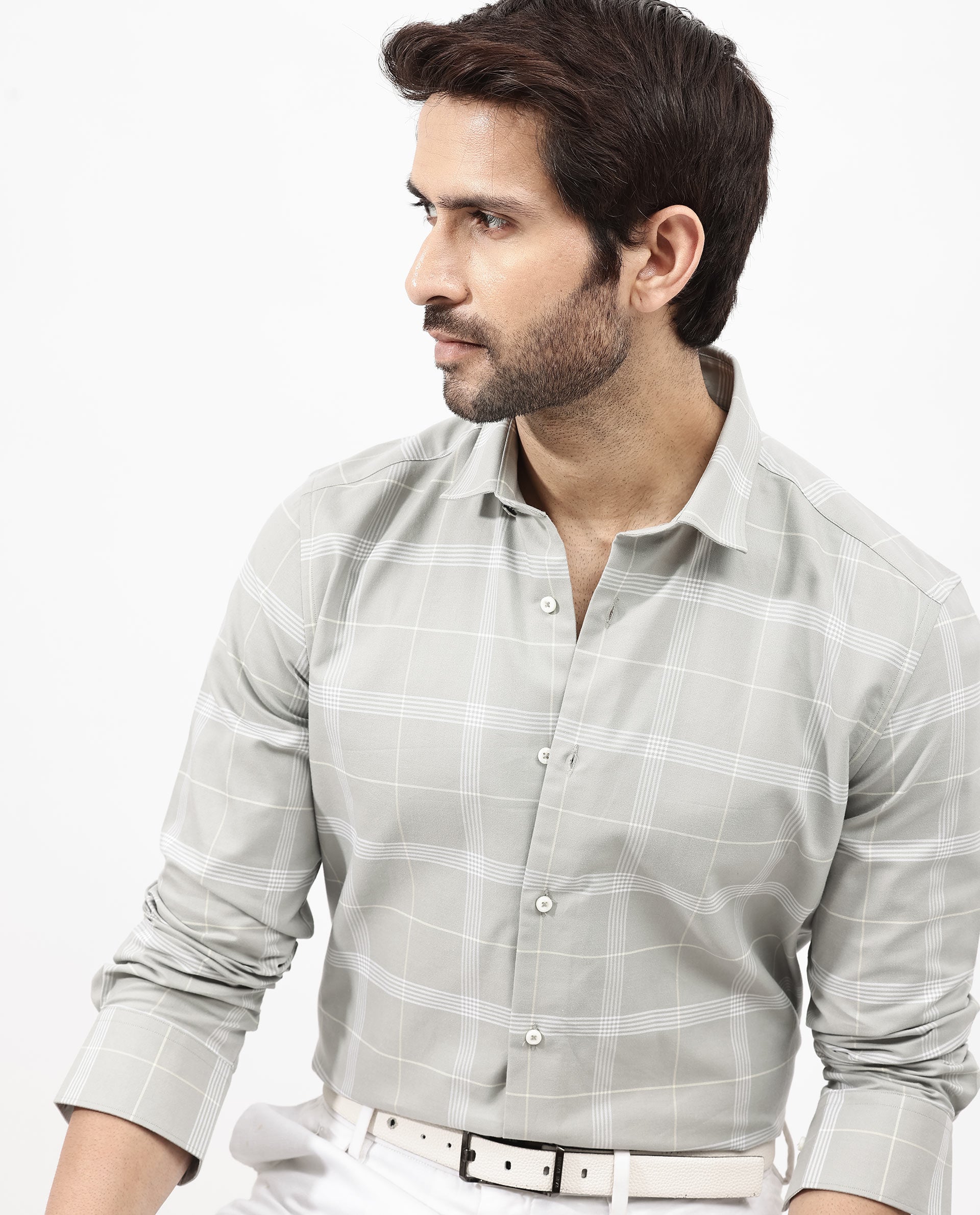 Rare Rabbit Men's Wando Grey Cotton Fabric Full Sleeve Regular Fit Checks Shirt