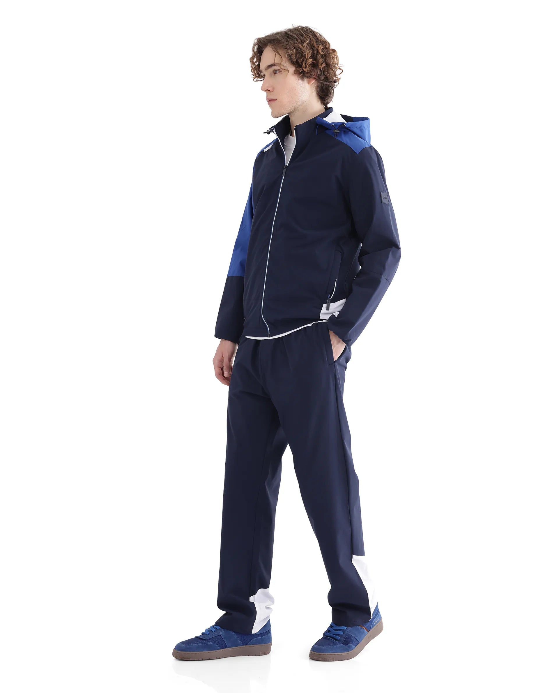 Rare Rabbit Men Wando Dark Blue Polyester Fabric Full Sleeve Hooded Zipper Closure Colorblock Jacket