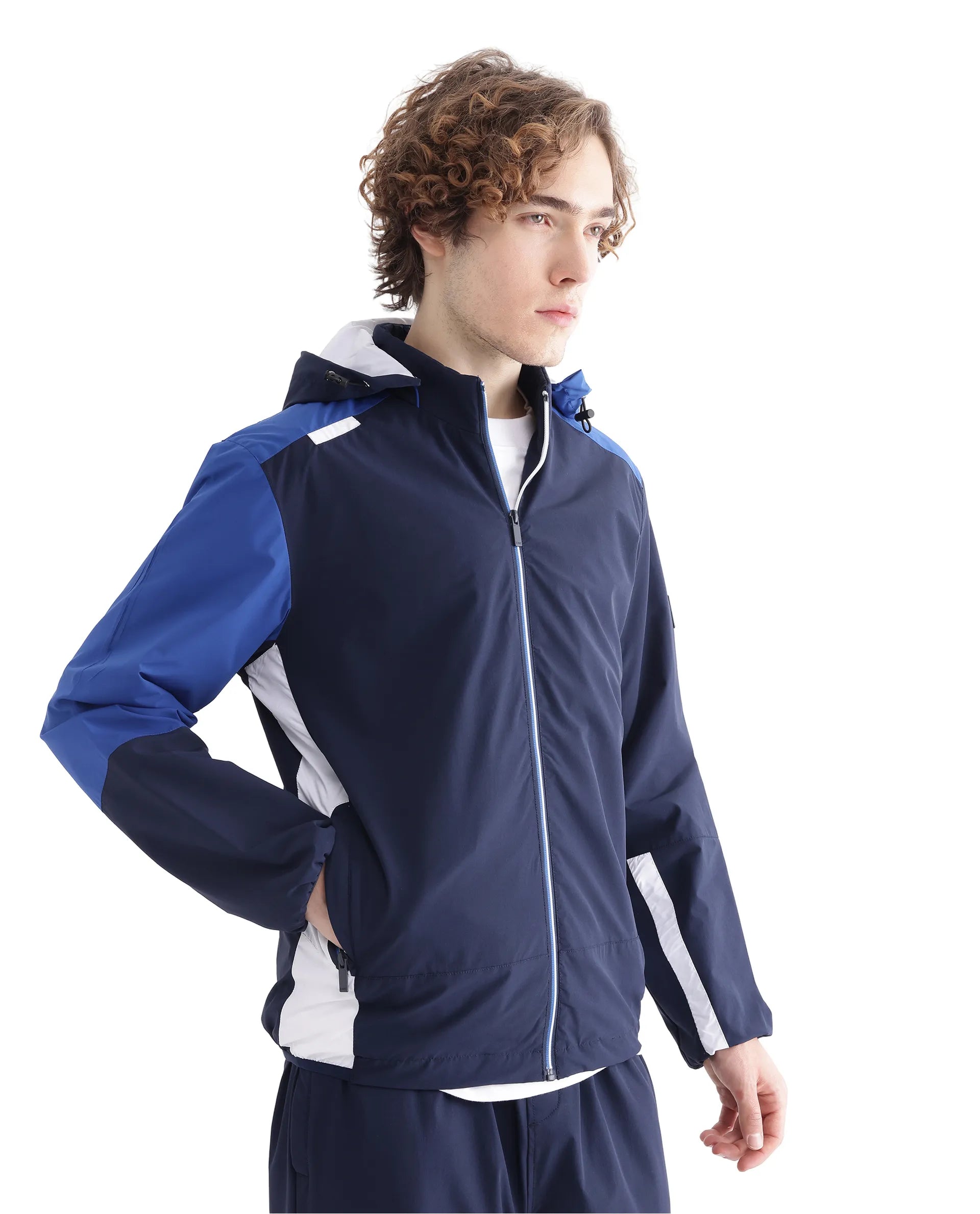 Rare Rabbit Men Wando Dark Blue Polyester Fabric Full Sleeve Hooded Zipper Closure Colorblock Jacket