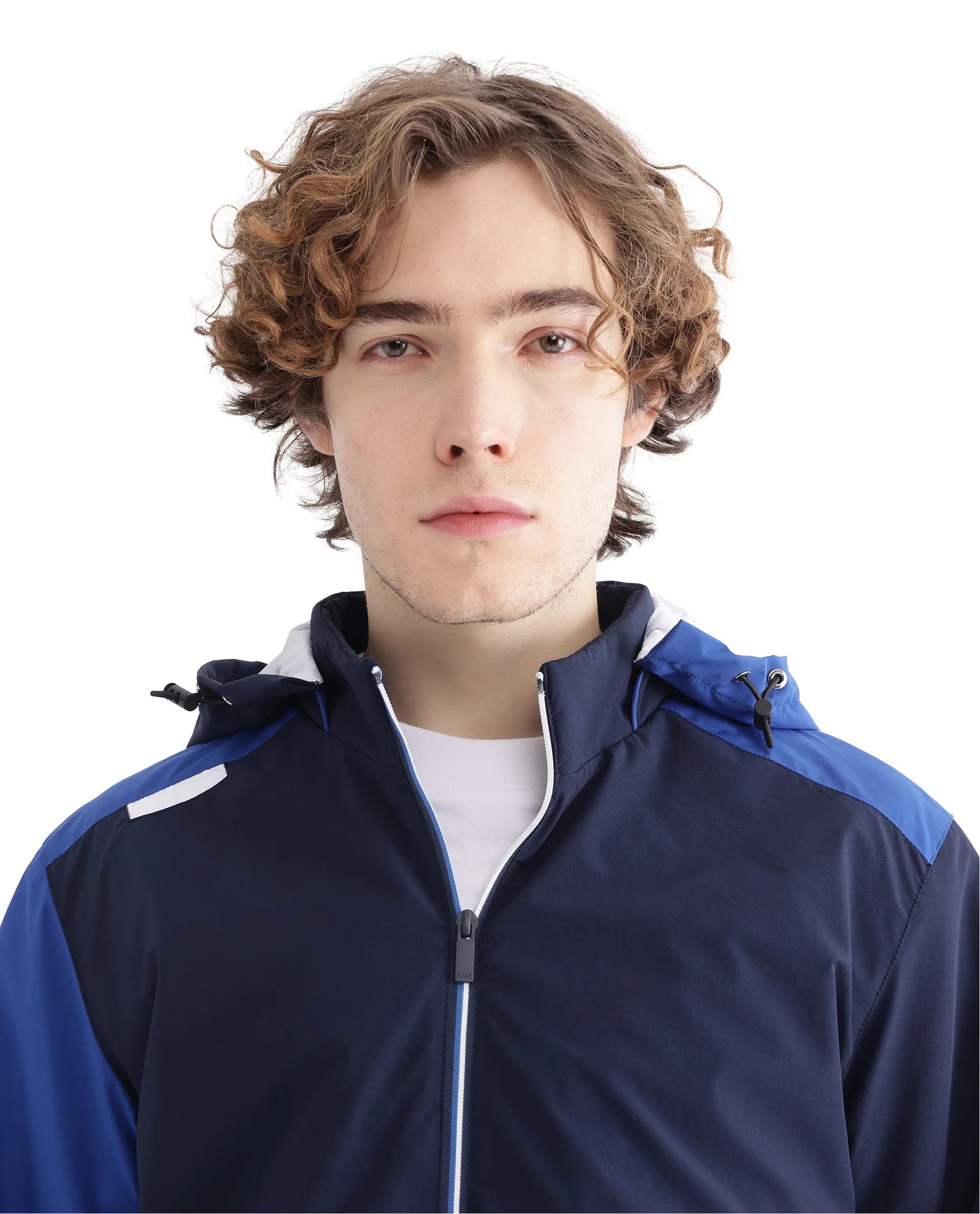 Rare Rabbit Men Wando Dark Blue Polyester Fabric Full Sleeve Hooded Zipper Closure Colorblock Jacket