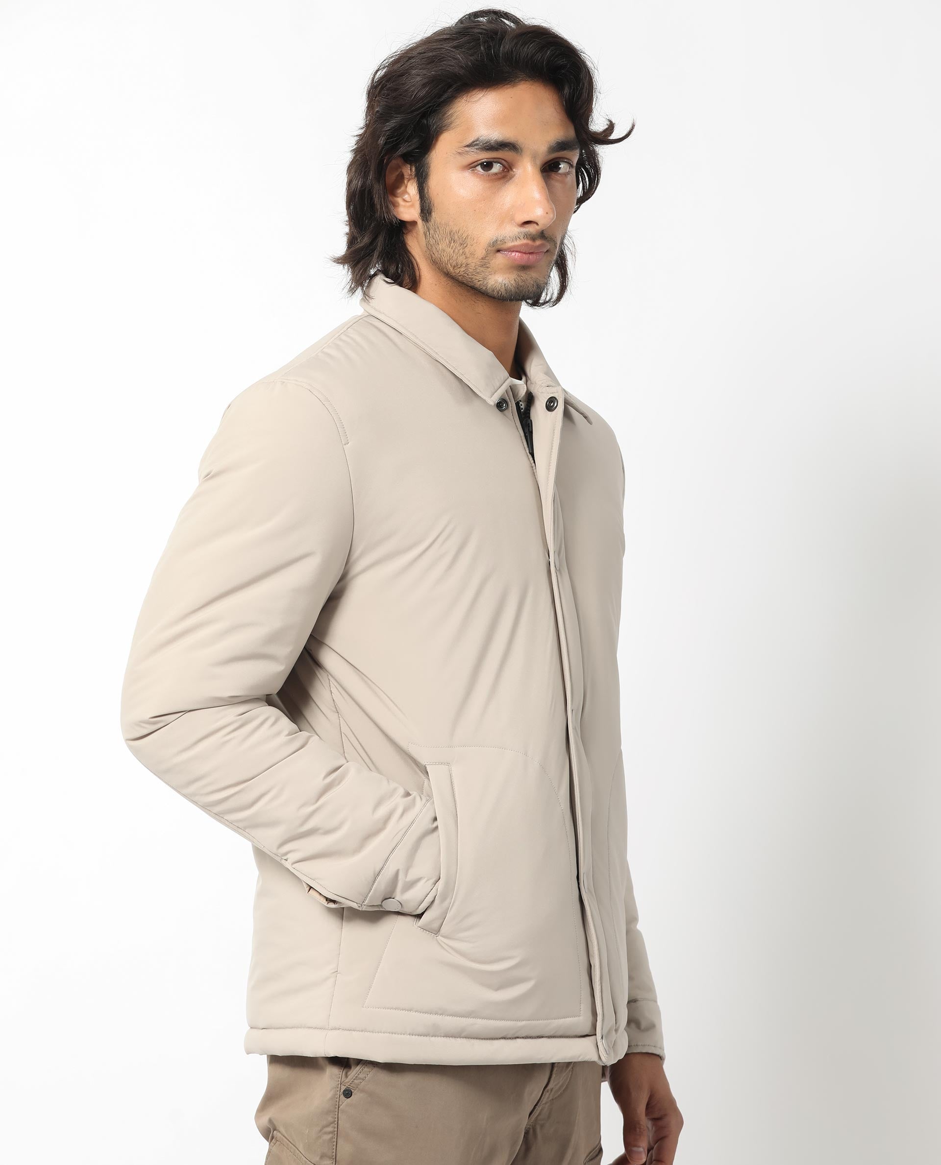 Rare Rabbit Men's Wanza Beige Solid Regular Collar Puffer Jacket