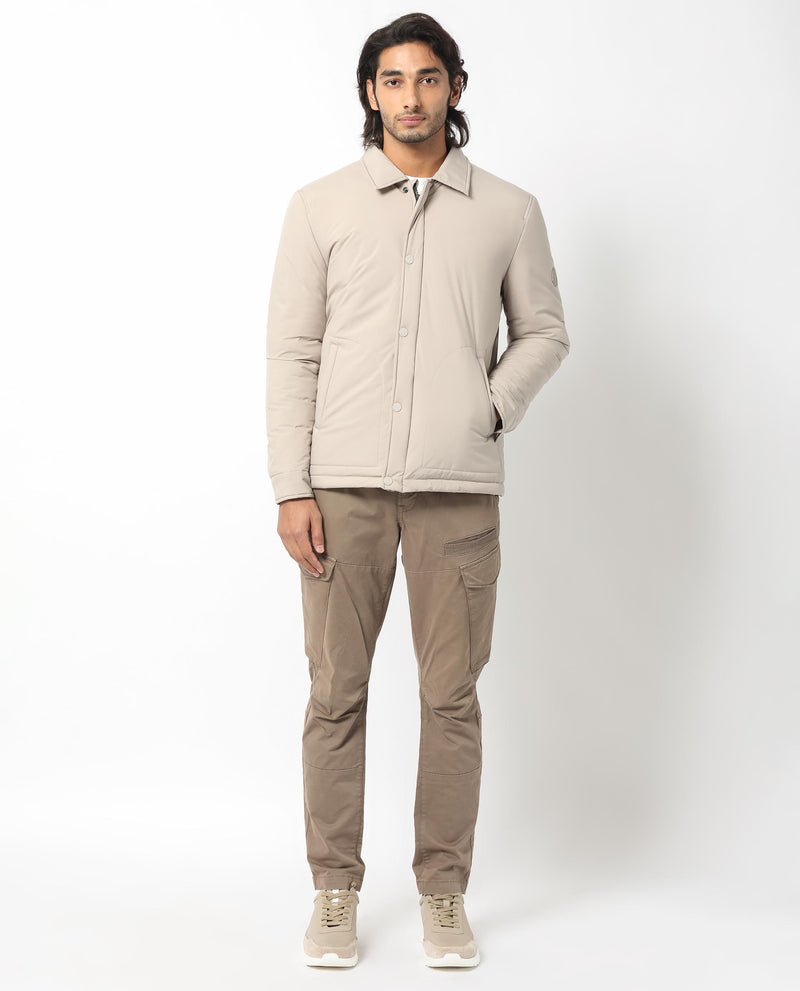 RARE RABBIT MENS WANZA BEIGE JACKET POLYESTER FABRIC COLLARED NECK WOVEN FULL SLEEVES BUTTON AND ZIP CLOSURE COMFORTABLE FIT
