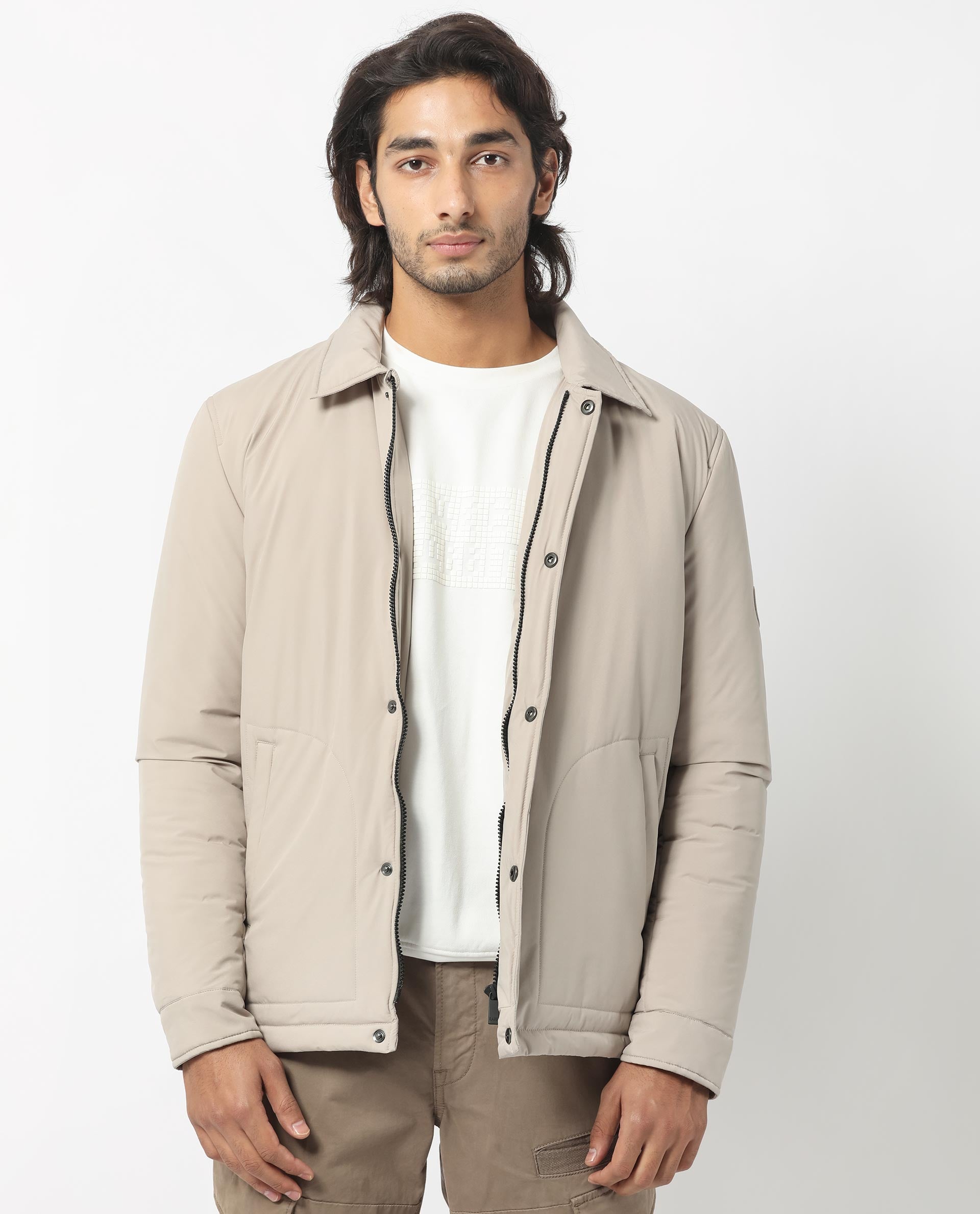 Rare Rabbit Men's Wanza Beige Solid Regular Collar Puffer Jacket