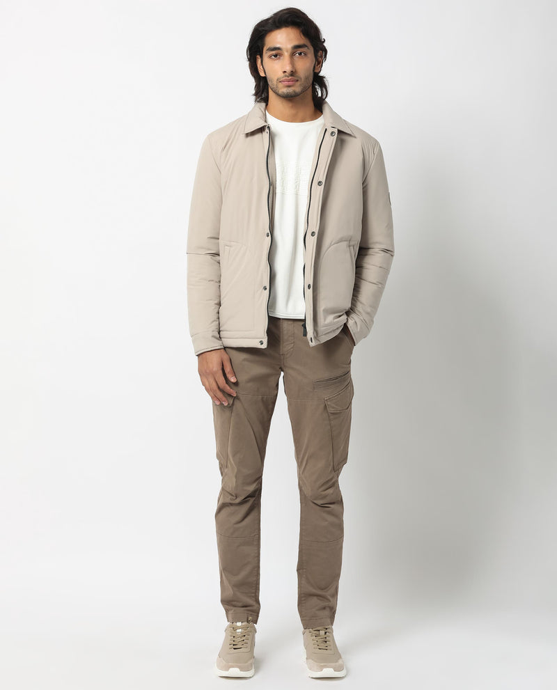 RARE RABBIT MENS WANZA BEIGE JACKET POLYESTER FABRIC COLLARED NECK WOVEN FULL SLEEVES BUTTON AND ZIP CLOSURE COMFORTABLE FIT