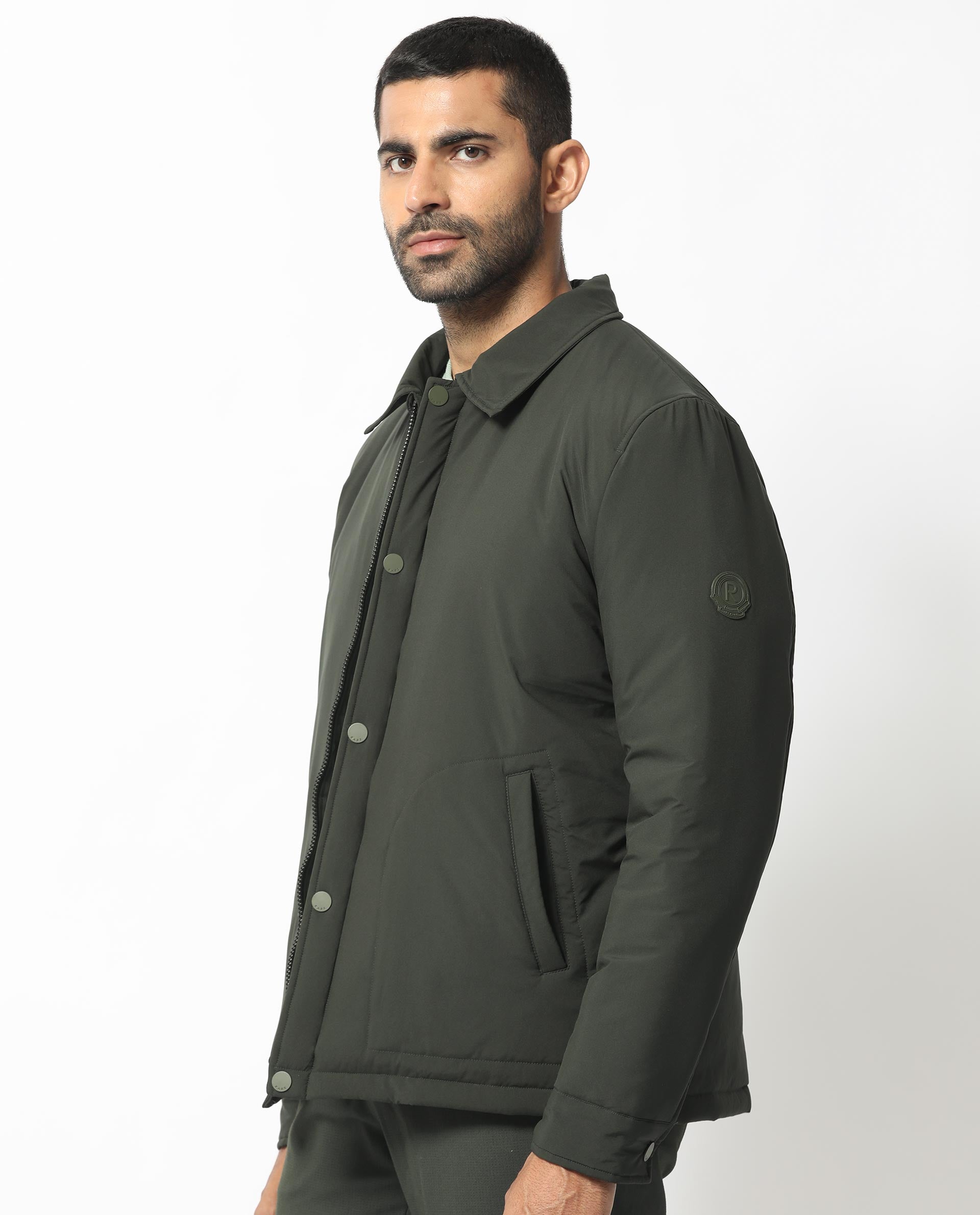 Rare Rabbit Men's Wanza Dark Olive Regular Collar Puffer Jacket