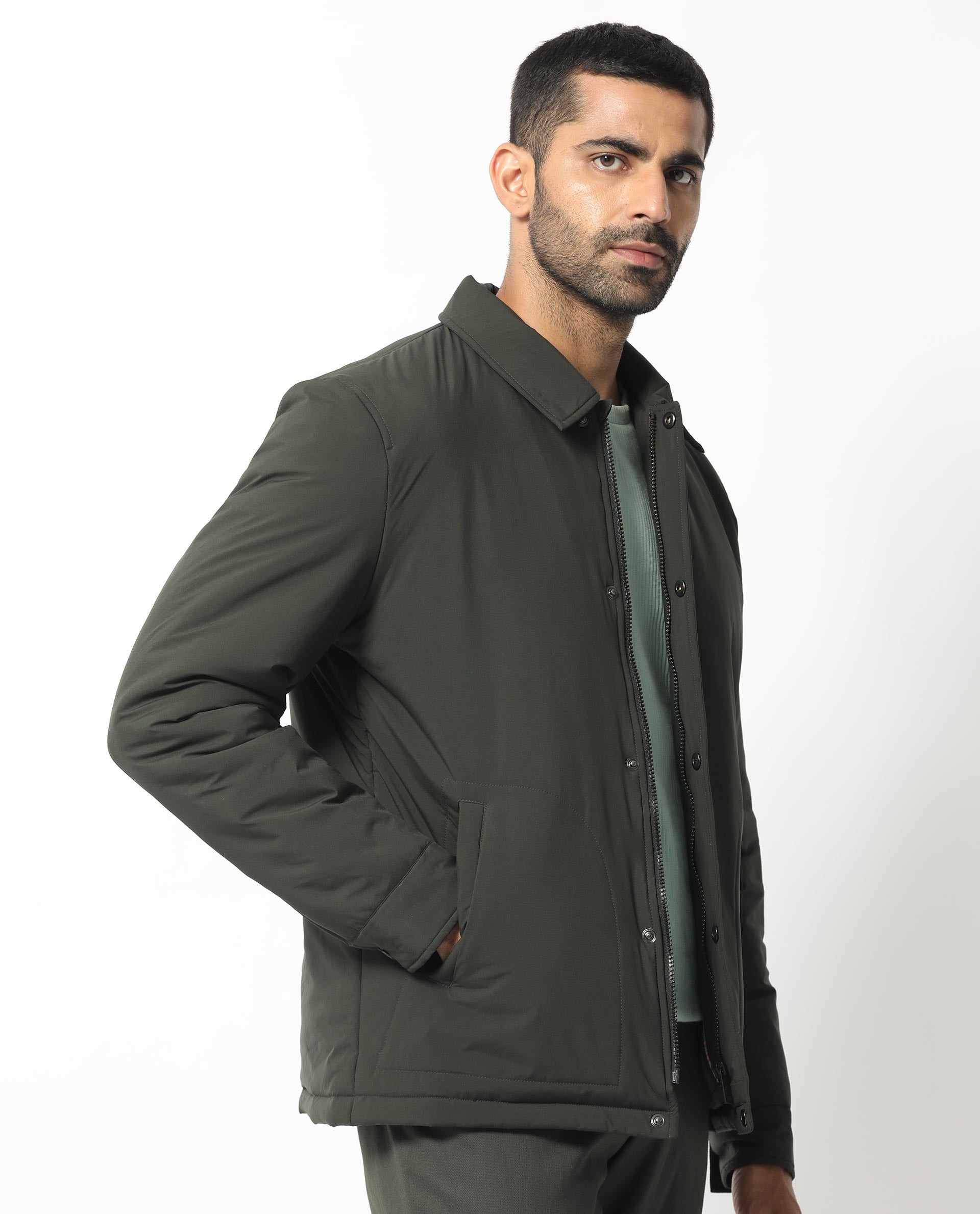 Rare Rabbit Men's Wanza Dark Olive Regular Collar Puffer Jacket