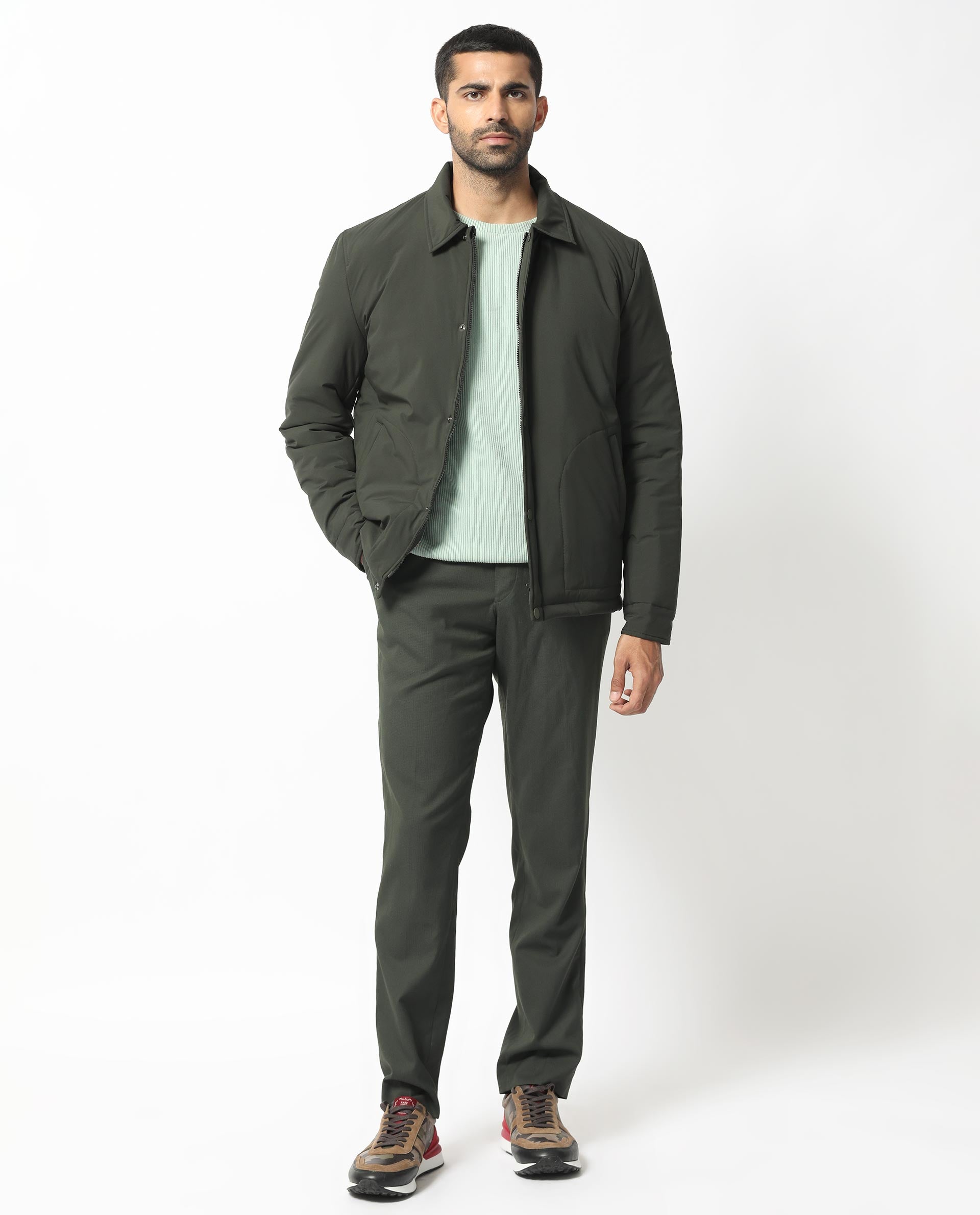 Rare Rabbit Men's Wanza Dark Olive Regular Collar Puffer Jacket