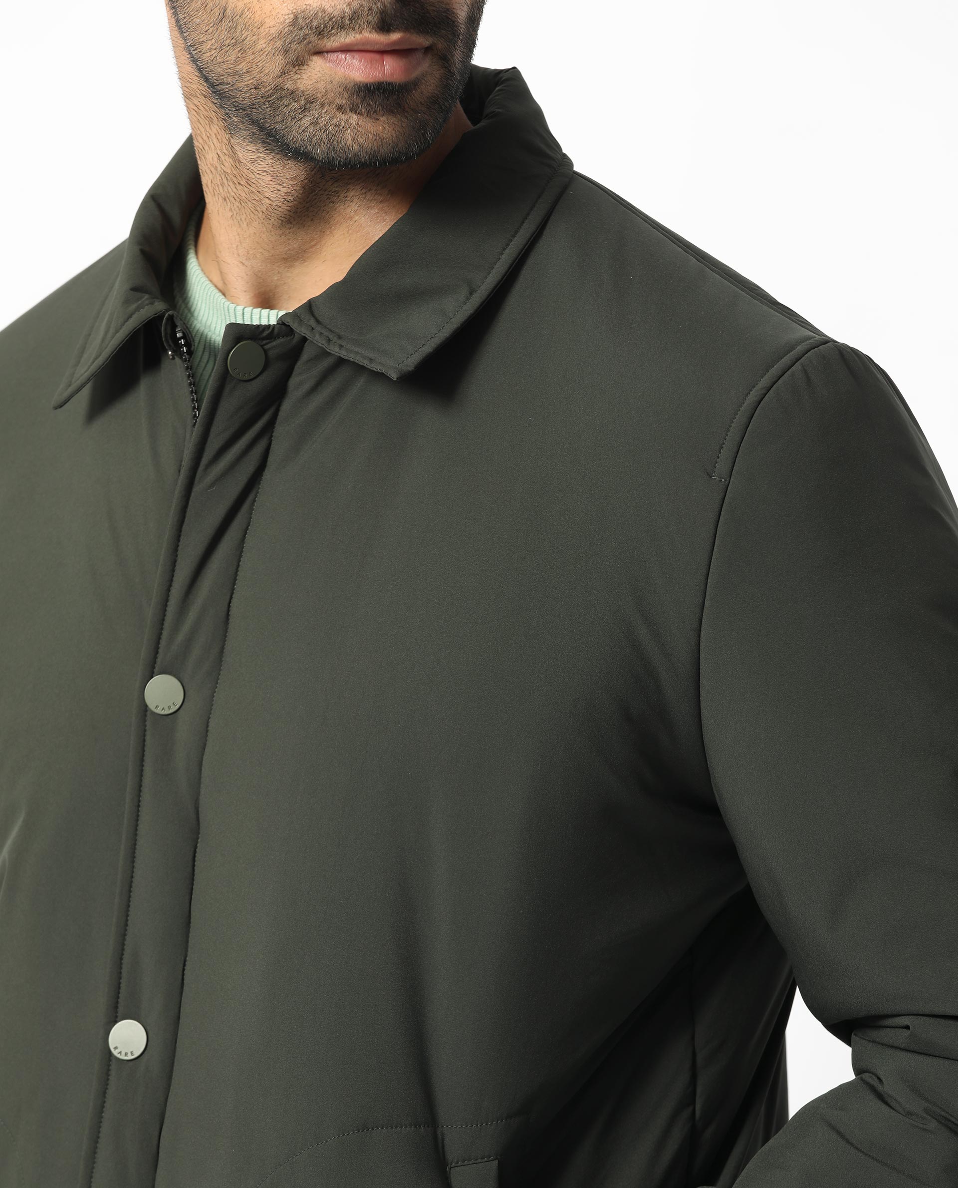 Rare Rabbit Men's Wanza Dark Olive Regular Collar Puffer Jacket