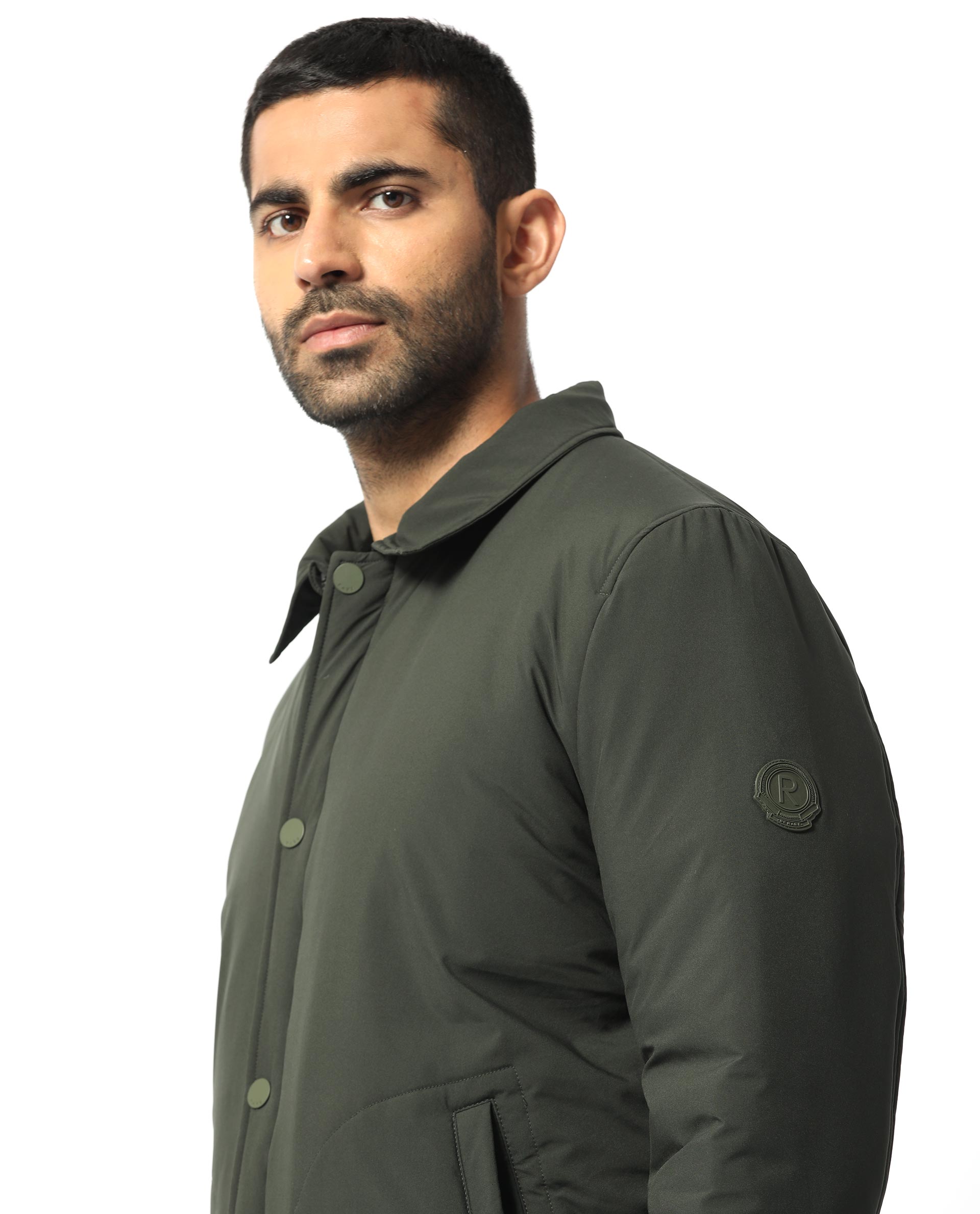 Rare Rabbit Men's Wanza Dark Olive Regular Collar Puffer Jacket