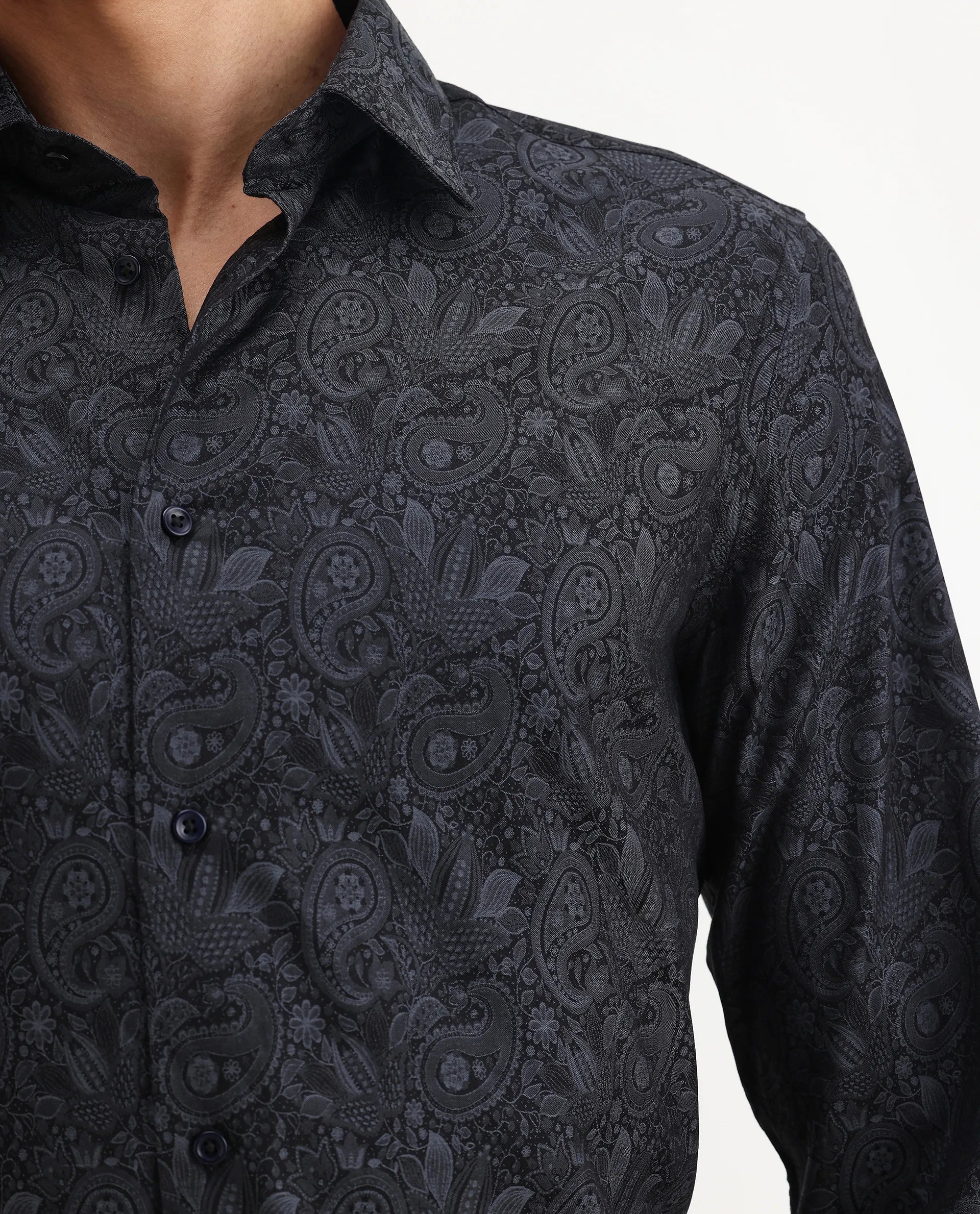 Rare Rabbit Men's Wapi Blue Cotton Blend Fabric Collared Neck Regular Fit Paisley Print Shirt
