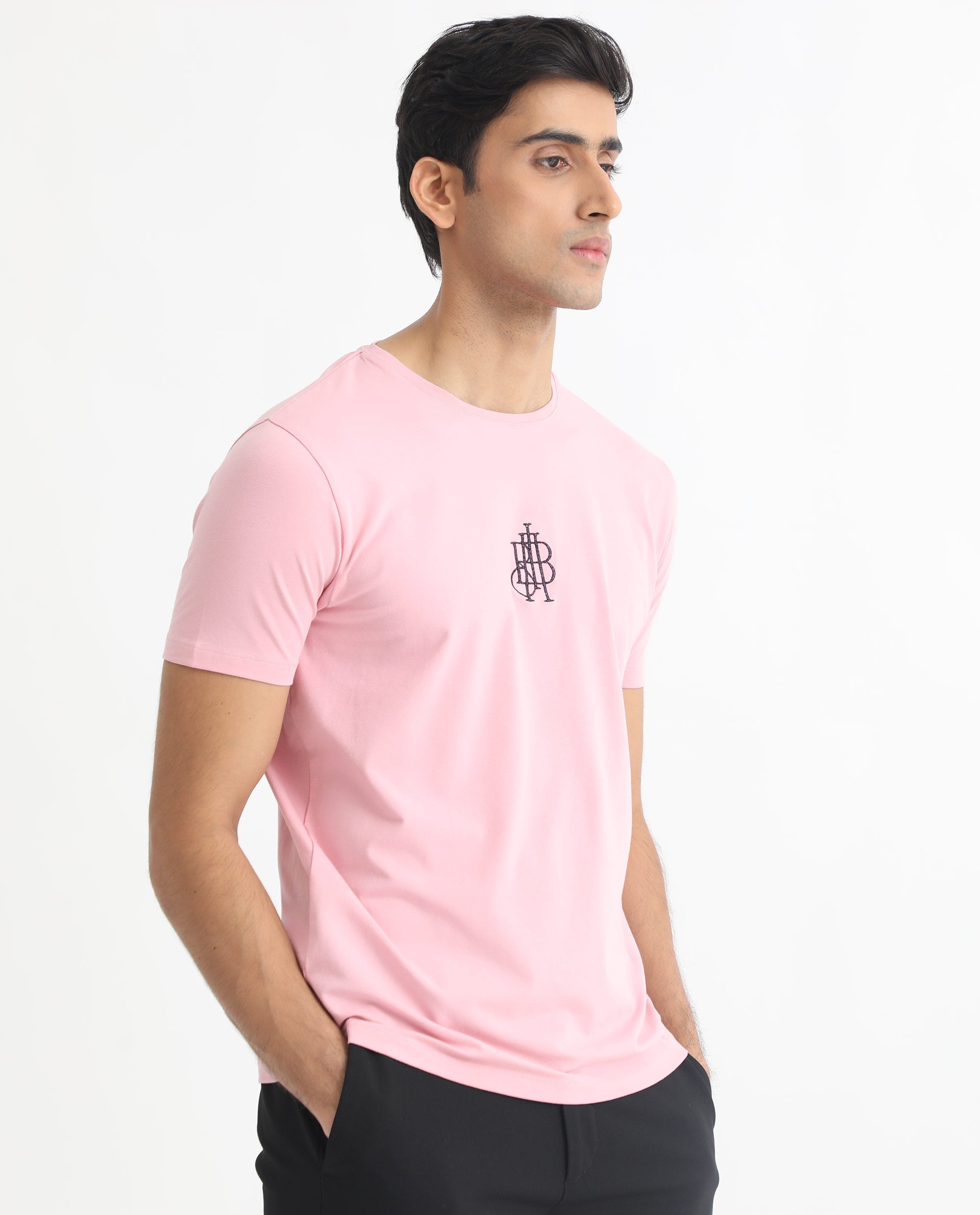 Rare Rabbit Men's Ware Pink Cotton Lycra Fabric Crew Neck Half Sleeves Regular Fit Embroidered Monogram T-Shirt