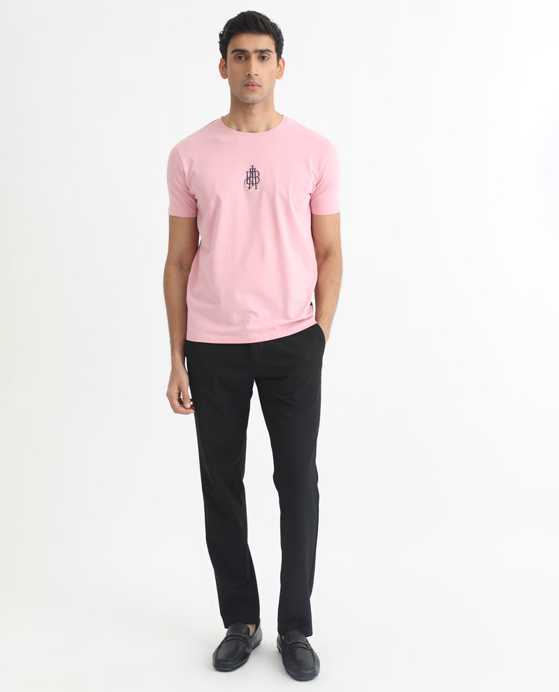 Rare Rabbit Men's Ware Pink Cotton Lycra Fabric Crew Neck Half Sleeves Regular Fit Embroidered Monogram T-Shirt