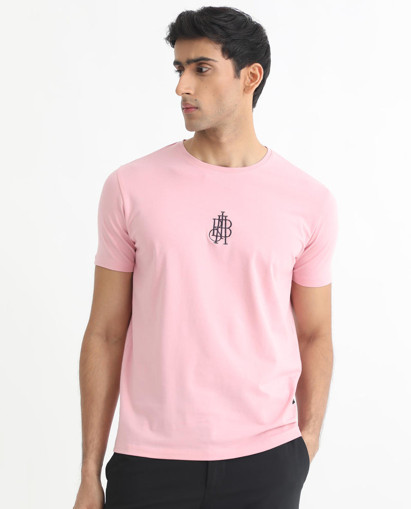 Rare Rabbit Men's Ware Pink Cotton Lycra Fabric Crew Neck Half Sleeves Regular Fit Embroidered Monogram T-Shirt