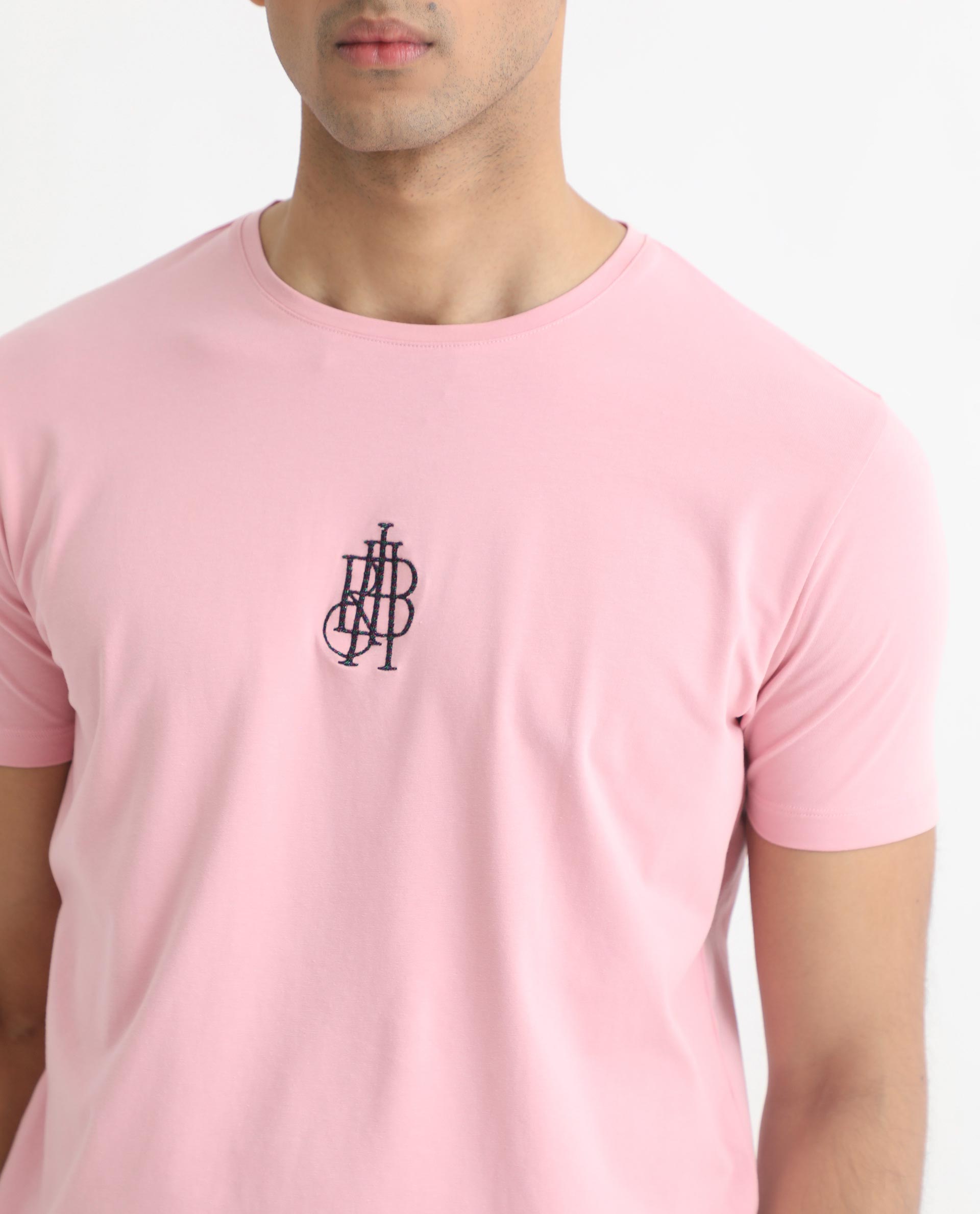 Rare Rabbit Men's Ware Pink Cotton Lycra Fabric Crew Neck Half Sleeves Regular Fit Embroidered Monogram T-Shirt