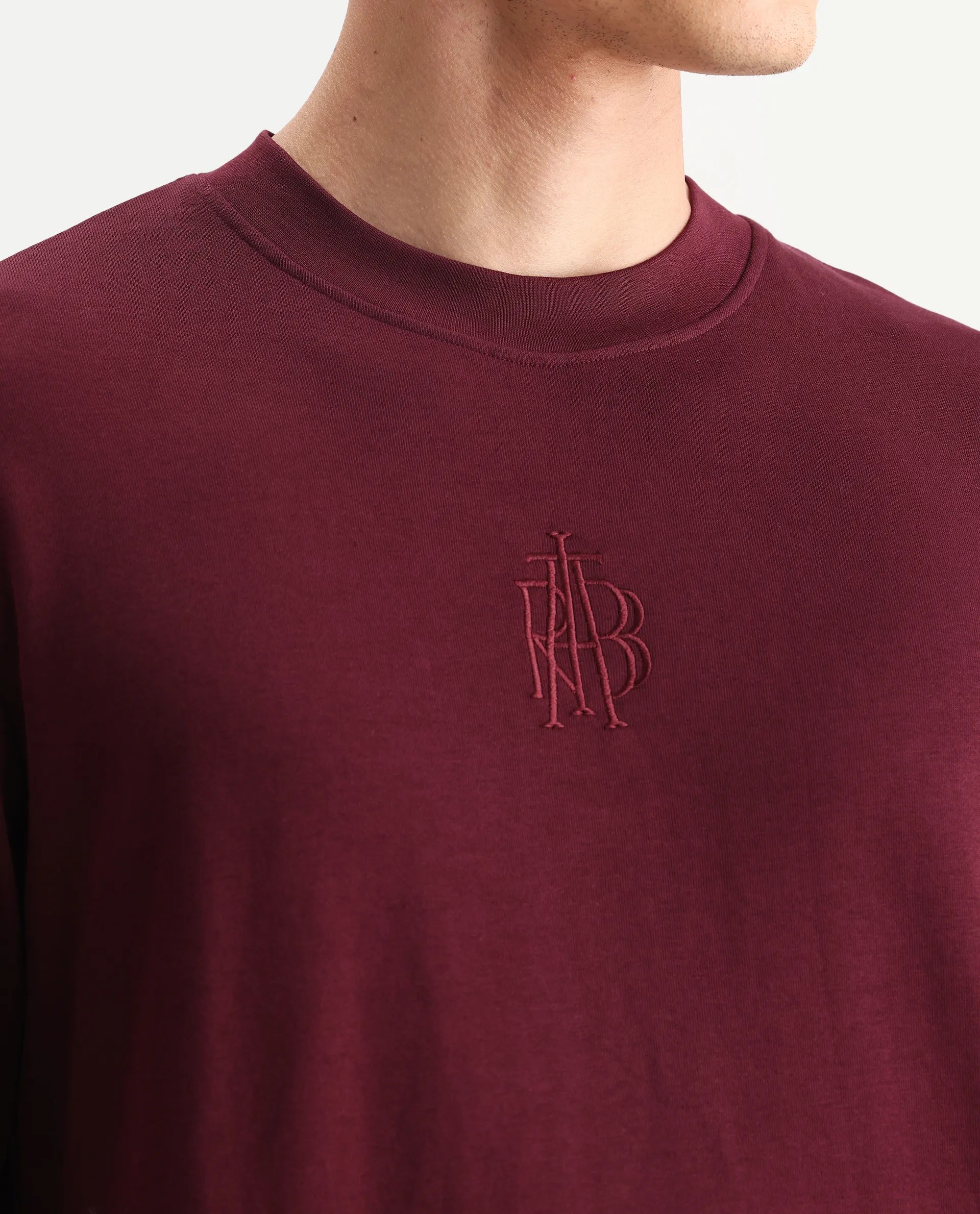 Rare Rabbit Men's Wares Maroon Lurex Embroidered Regular Fit Full Sleeve Crew Neck Sweatshirt
