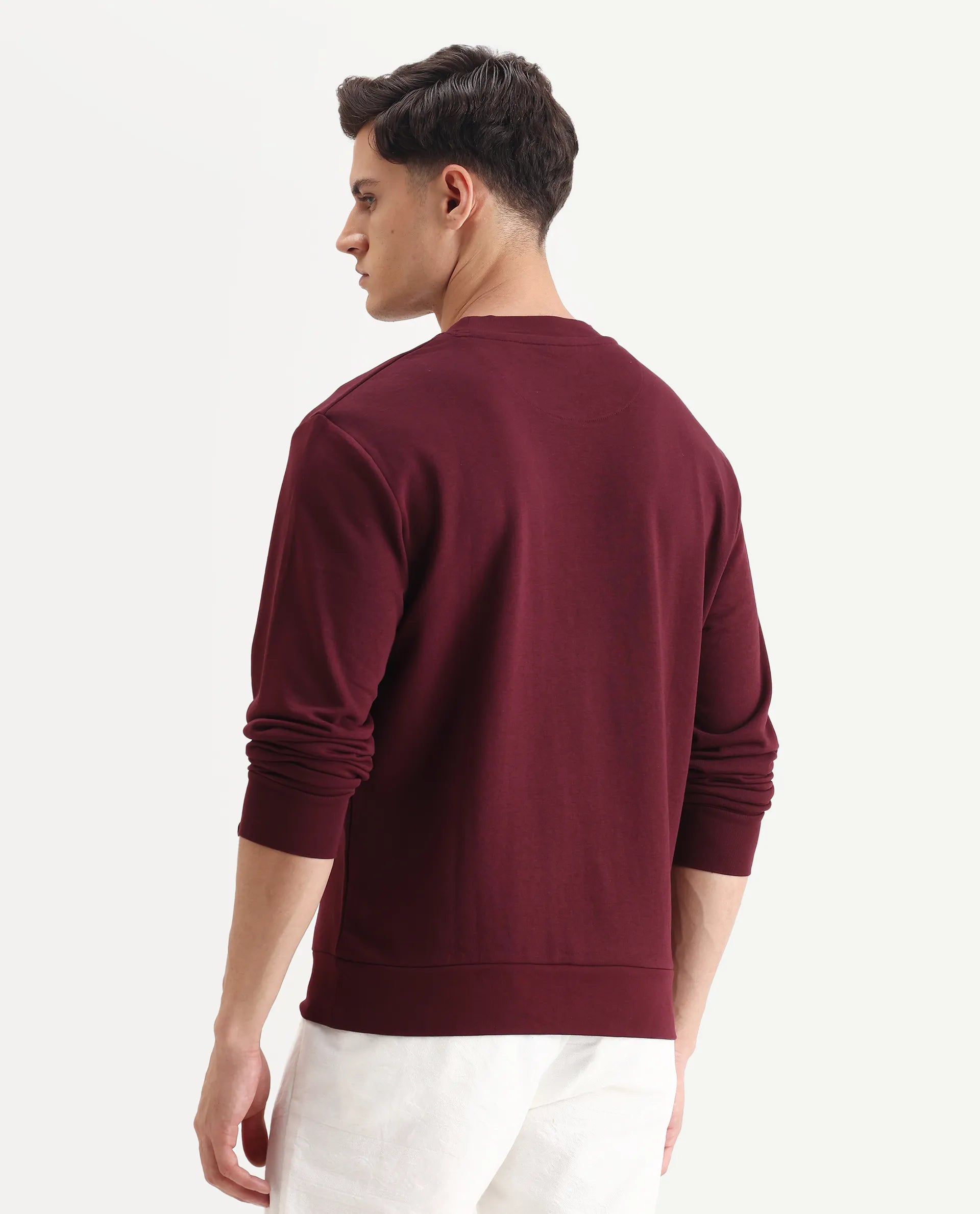 Rare Rabbit Men's Wares Maroon Lurex Embroidered Regular Fit Full Sleeve Crew Neck Sweatshirt