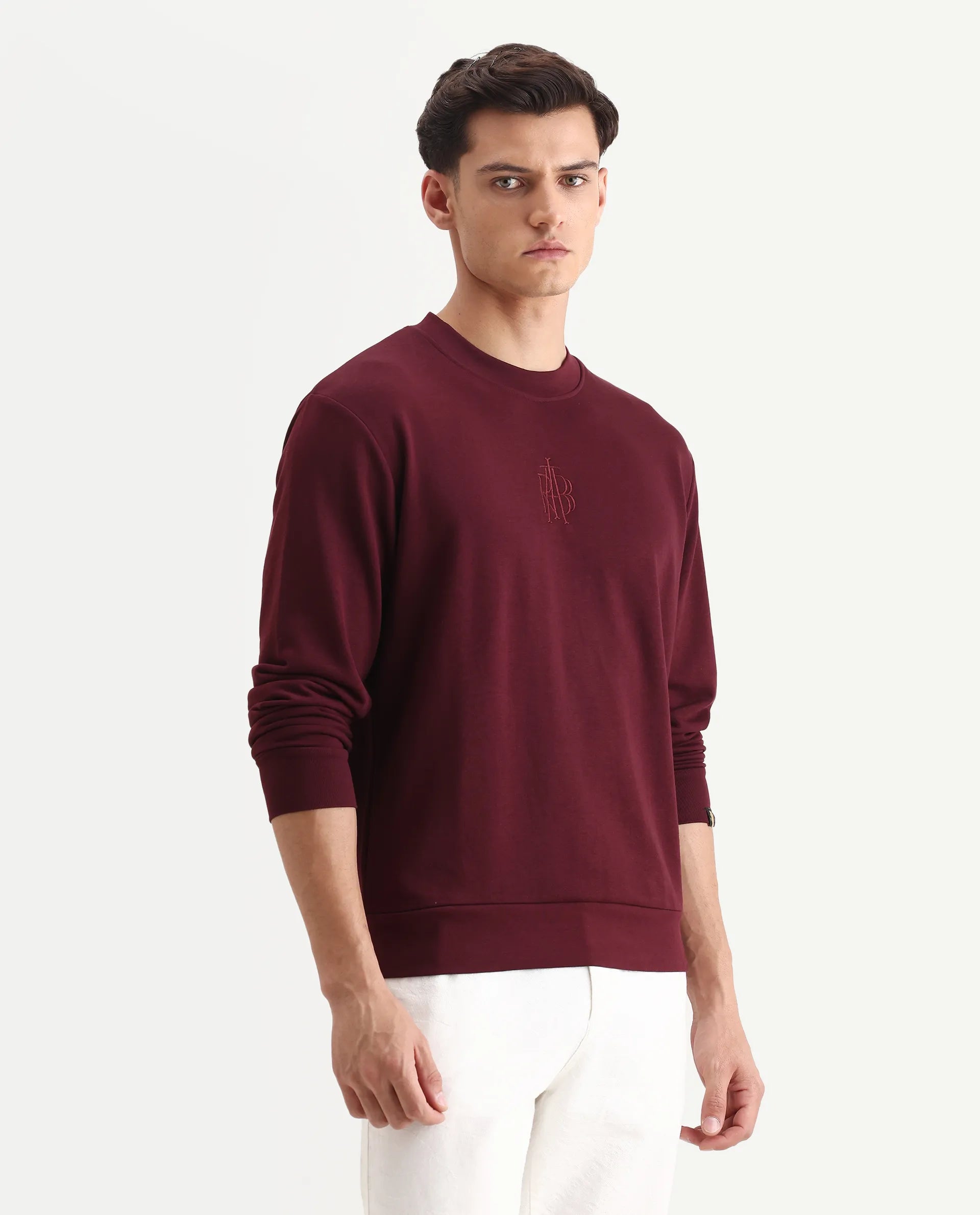 Rare Rabbit Men's Wares Maroon Lurex Embroidered Regular Fit Full Sleeve Crew Neck Sweatshirt