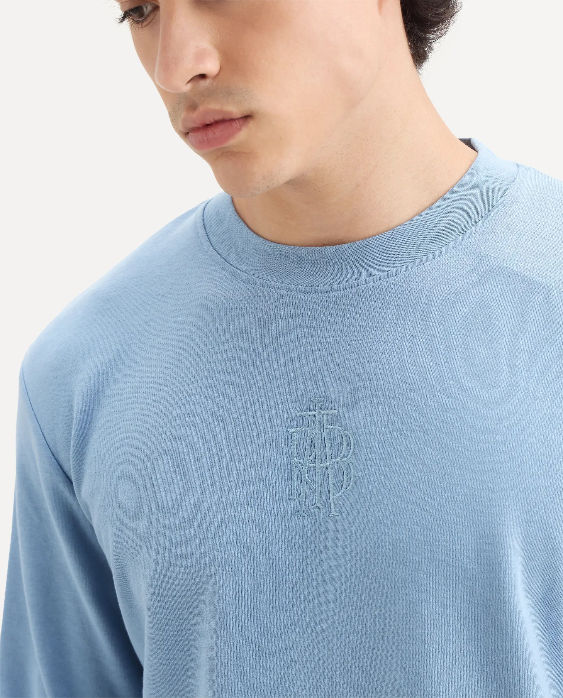 Rare Rabbit Men's Wares Blue Lurex Embroidered Regular Fit Full Sleeve Crew Neck Sweatshirt
