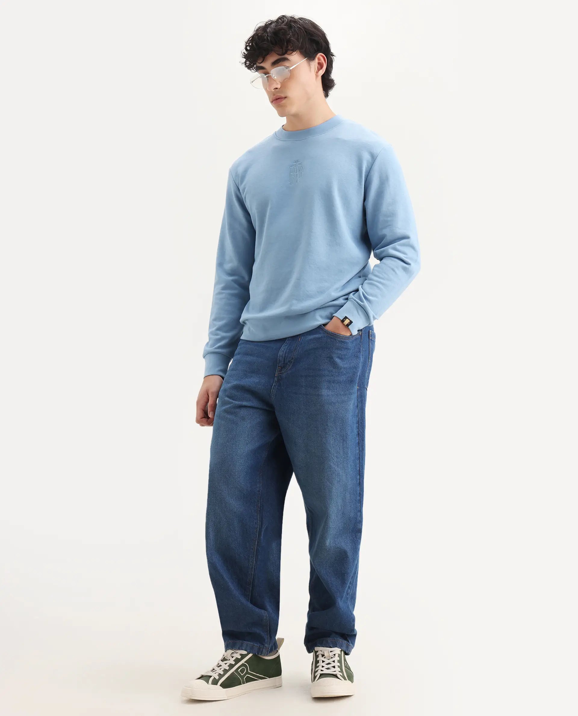 Rare Rabbit Men's Wares Blue Lurex Embroidered Regular Fit Full Sleeve Crew Neck Sweatshirt