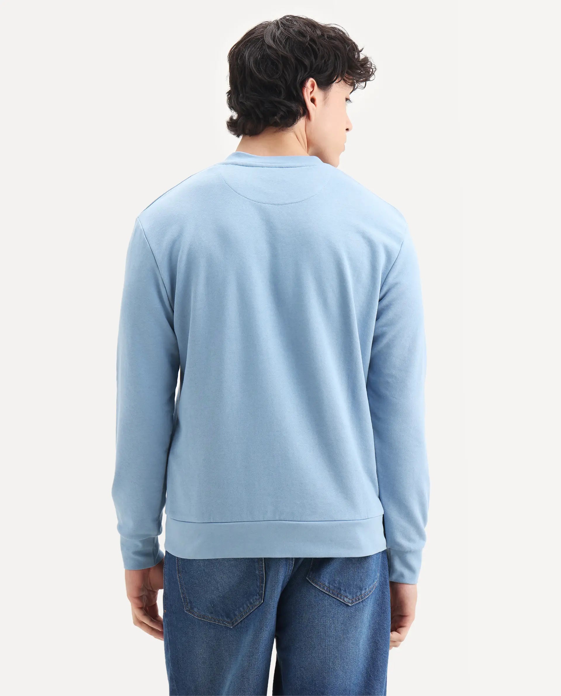 Rare Rabbit Men's Wares Blue Lurex Embroidered Regular Fit Full Sleeve Crew Neck Sweatshirt