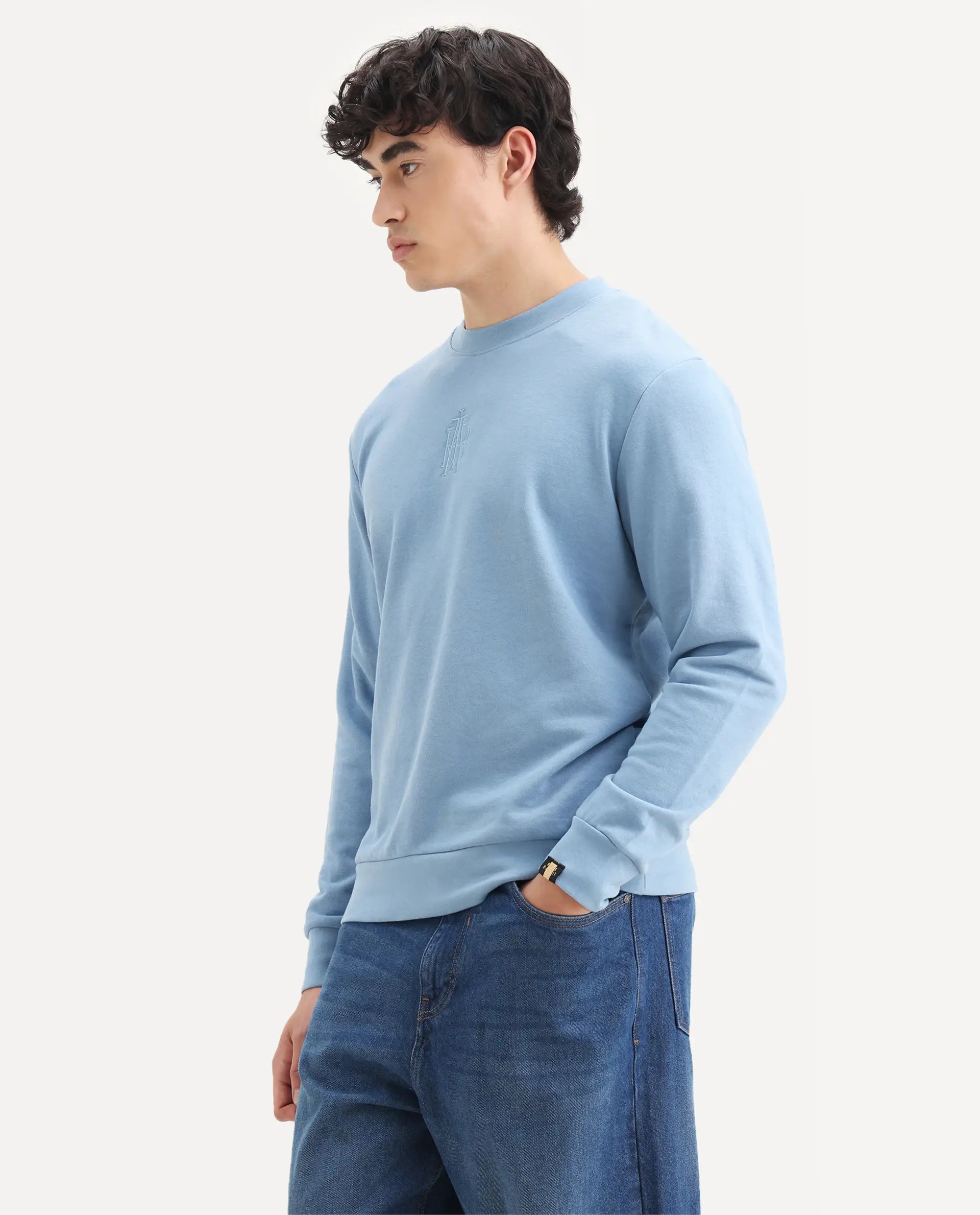 Rare Rabbit Men's Wares Blue Lurex Embroidered Regular Fit Full Sleeve Crew Neck Sweatshirt
