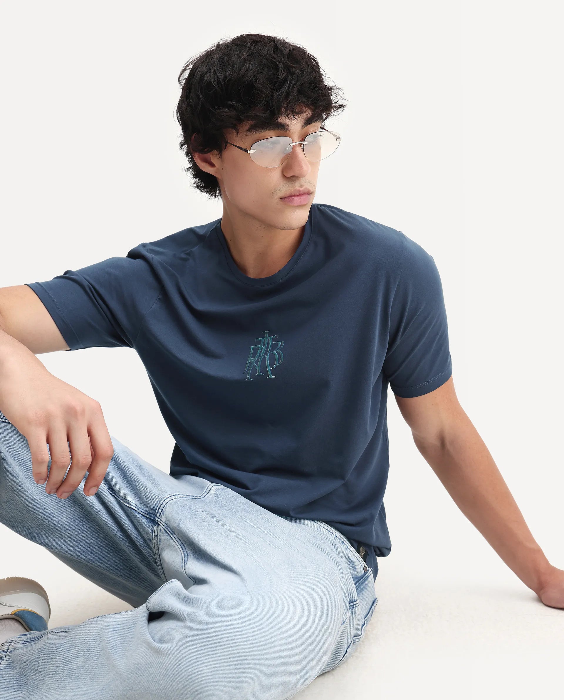 Rare Rabbit Men's Waro Dark Blue Cotton Blend Graphic Print Regular Fit Half Sleeve Crew Neck T-Shirt