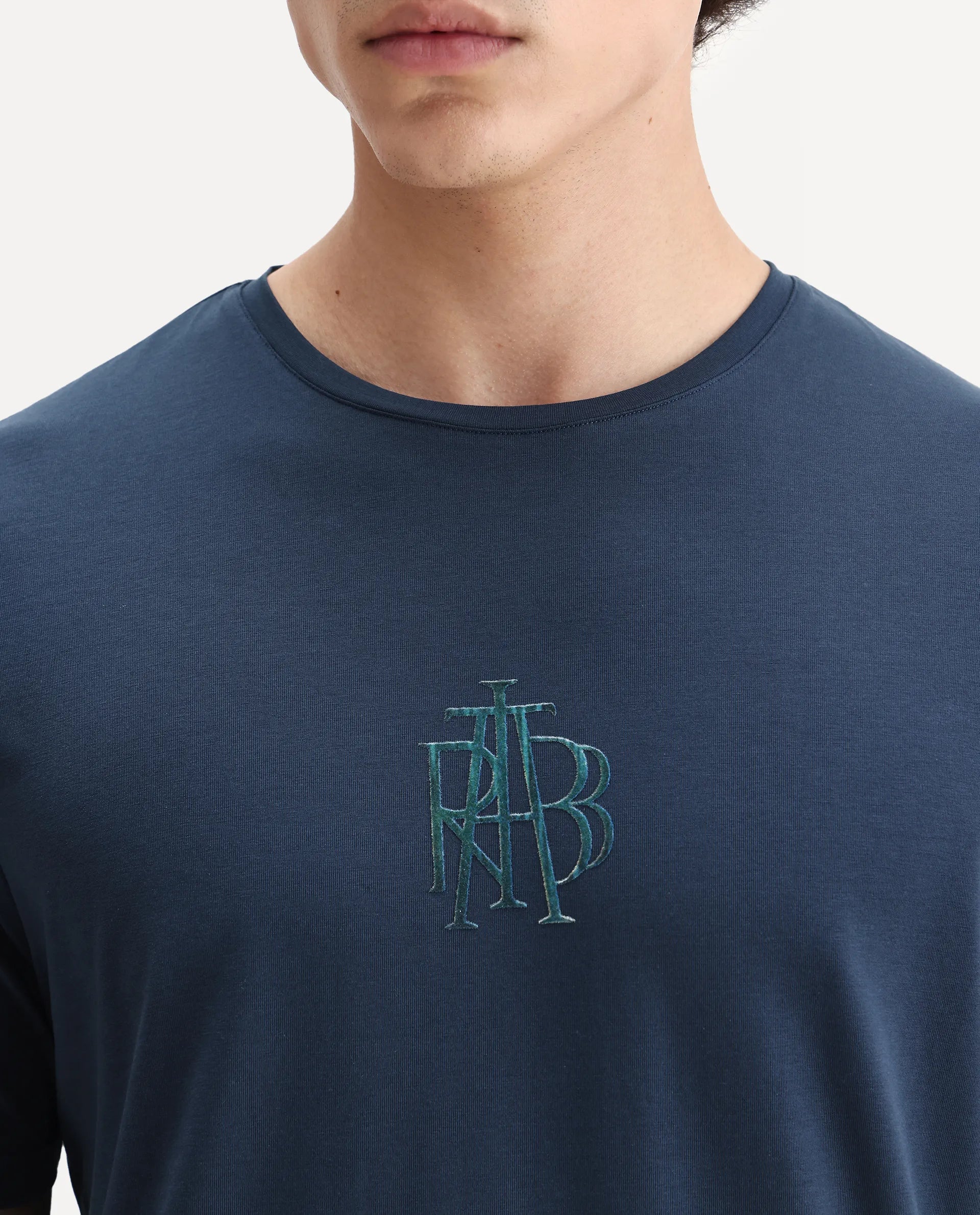 Rare Rabbit Men's Waro Dark Blue Cotton Blend Graphic Print Regular Fit Half Sleeve Crew Neck T-Shirt