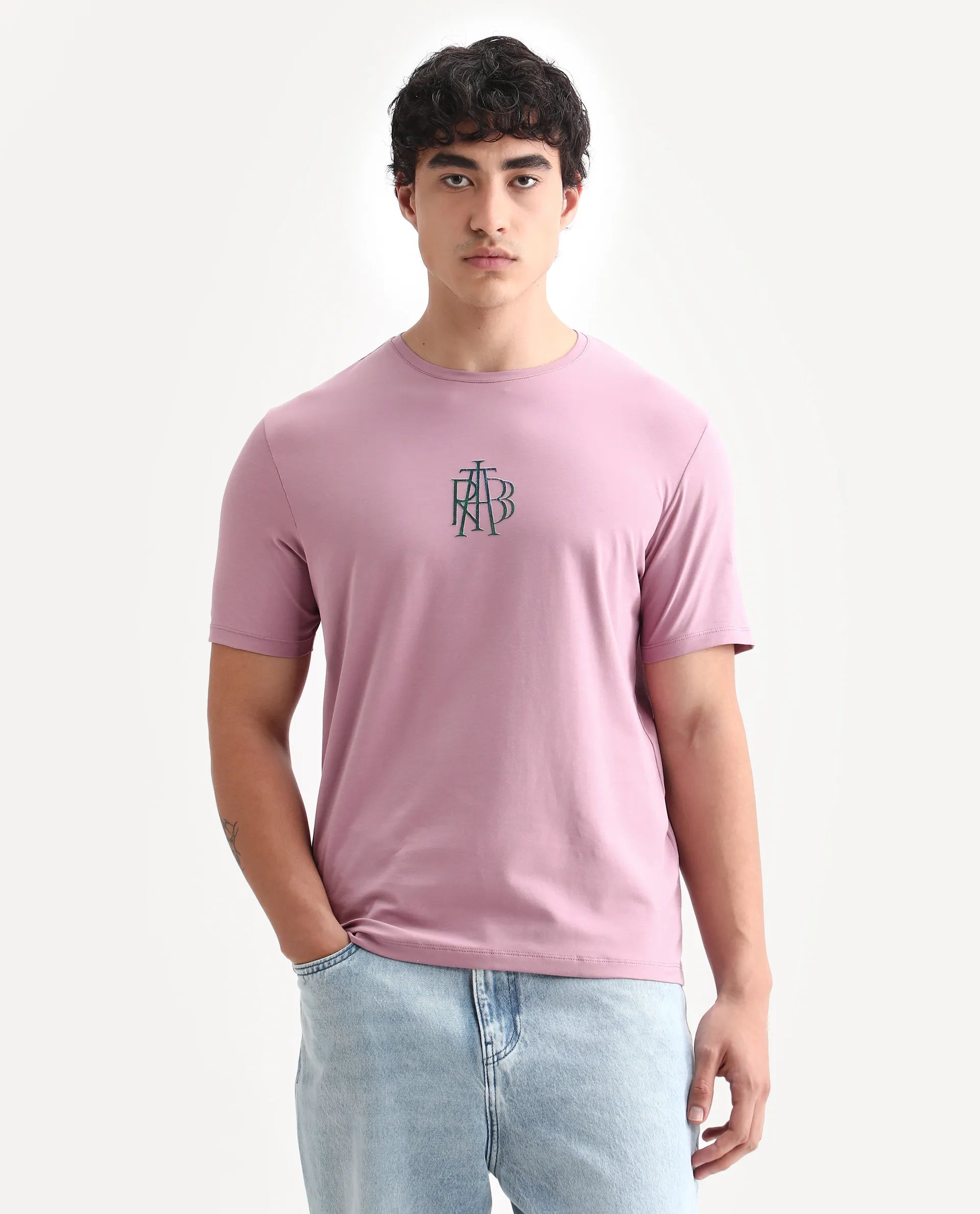 Rare Rabbit Men's Waro Dusky Pink Cotton Blend Graphic Print Regular Fit Half Sleeve Crew Neck T-Shirt