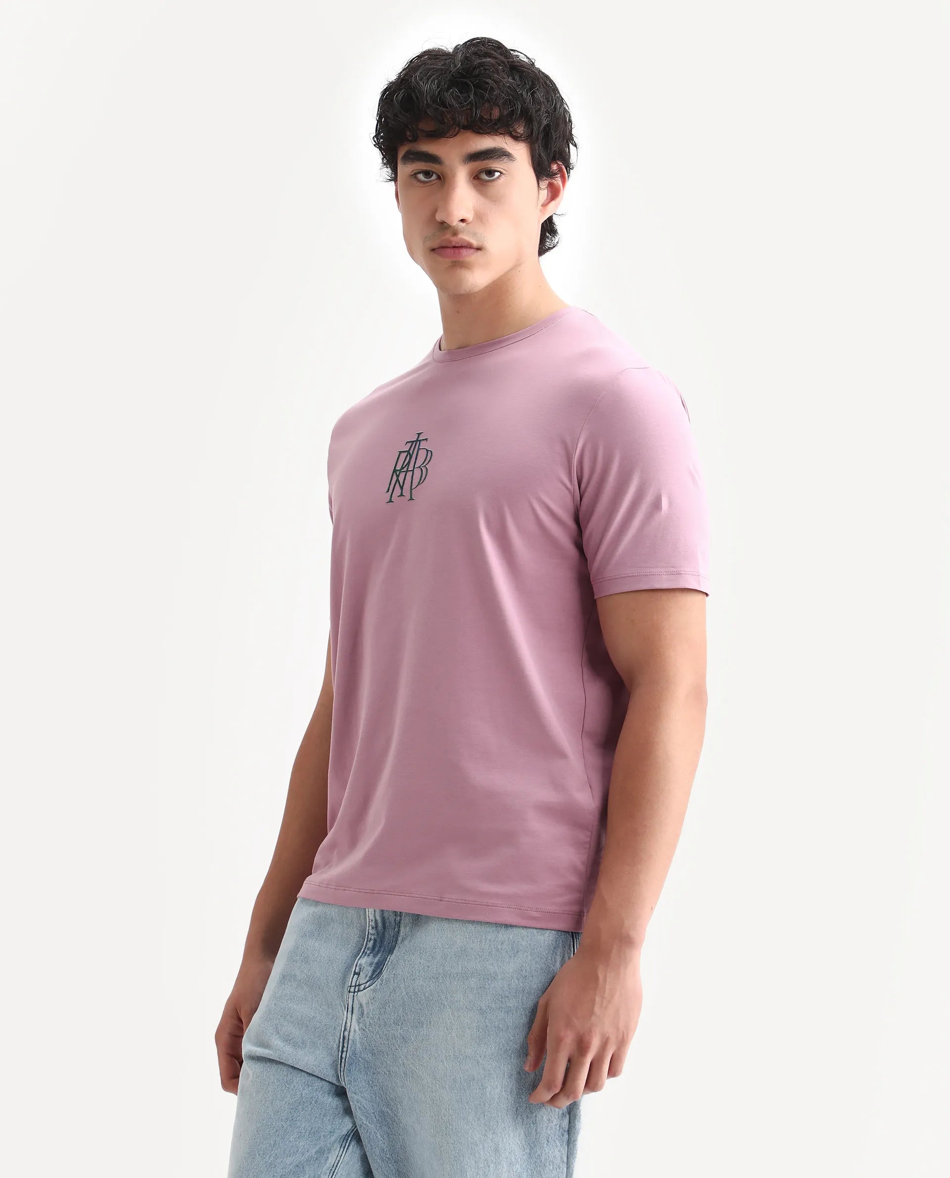 Rare Rabbit Men's Waro Dusky Pink Cotton Blend Graphic Print Regular Fit Half Sleeve Crew Neck T-Shirt