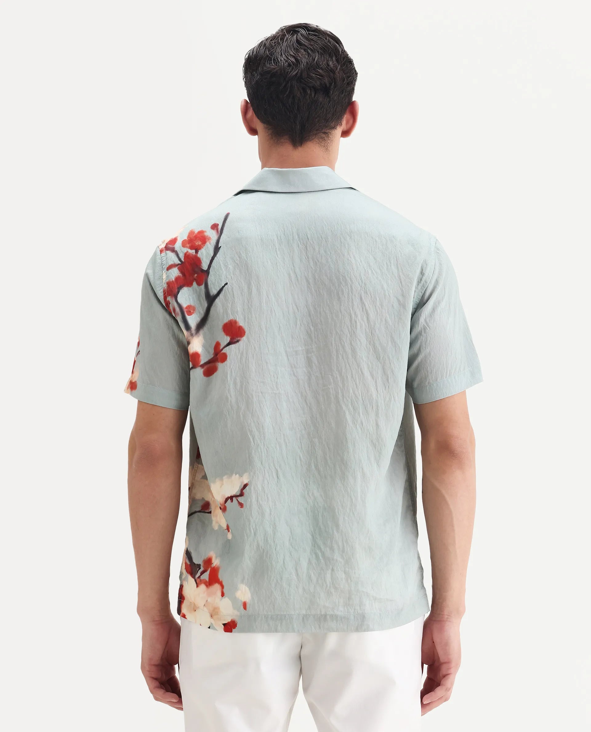 Rare Rabbit Men's Water Blue Viscose Blend Fabric Cuban Collar Relaxed Fit Floral Print Shirt