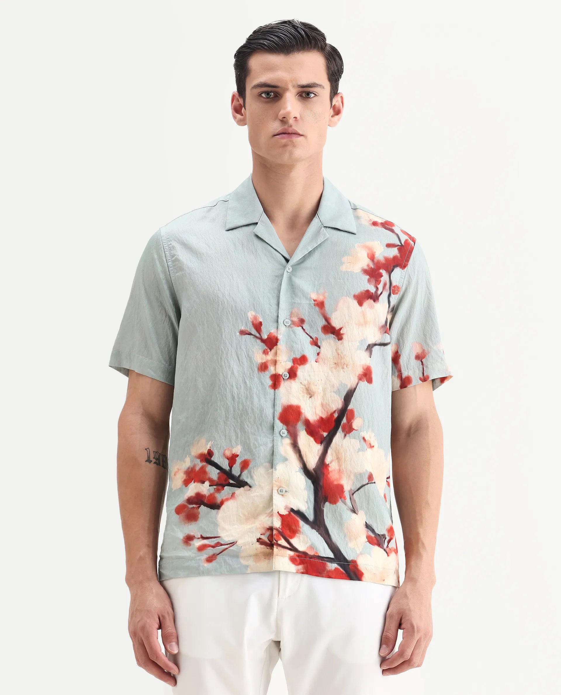 Rare Rabbit Men's Water Blue Viscose Blend Fabric Cuban Collar Relaxed Fit Floral Print Shirt