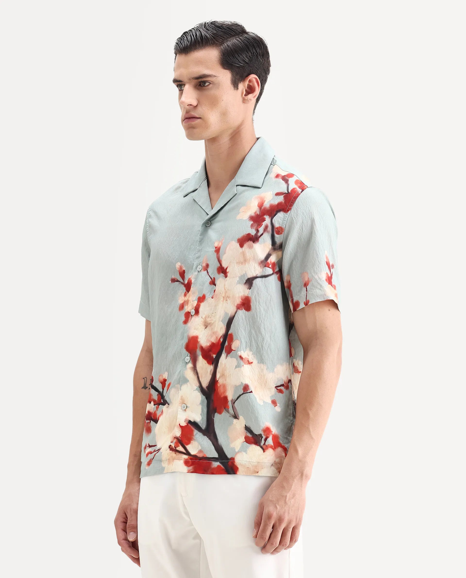 Rare Rabbit Men's Water Blue Viscose Blend Fabric Cuban Collar Relaxed Fit Floral Print Shirt