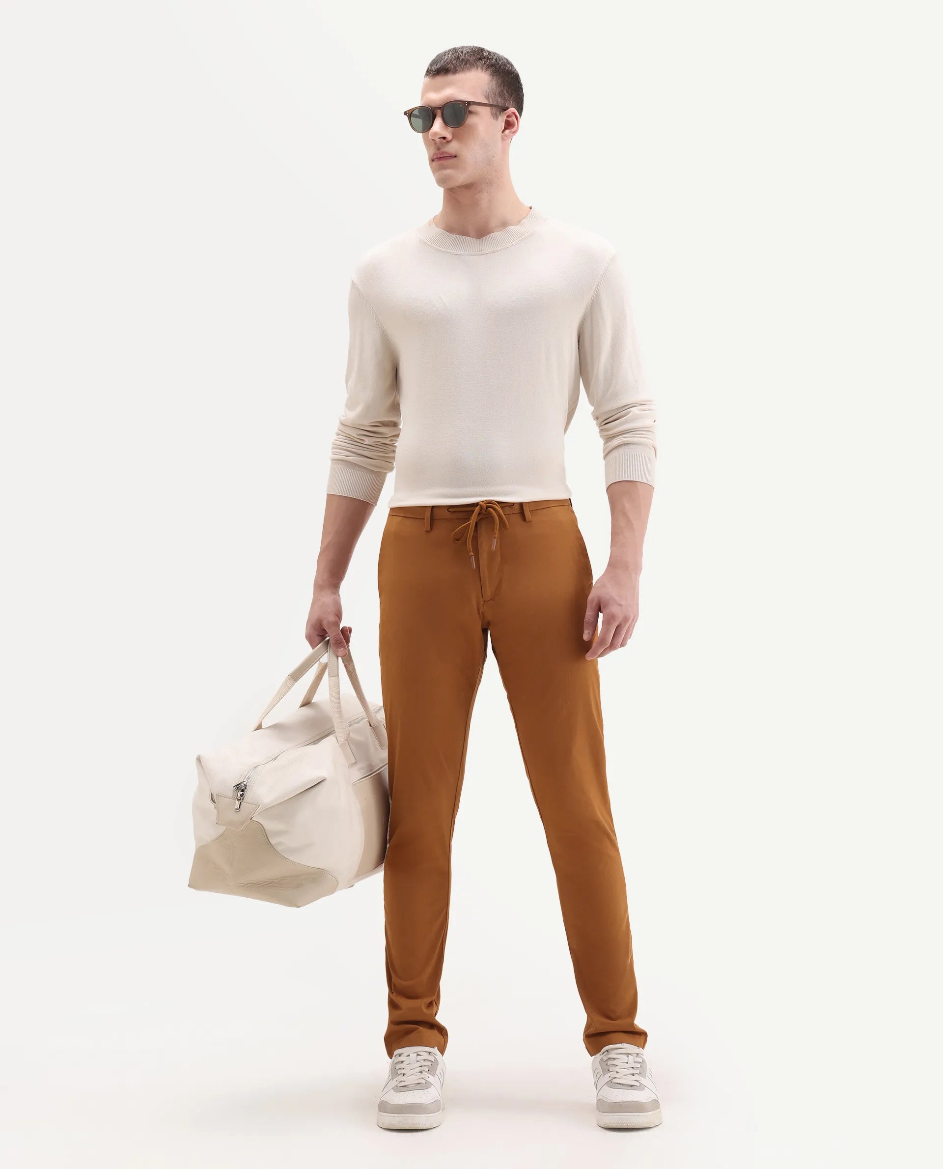 Rare Rabbit Men's Water Orange Cotton Plain Slim Fit Trouser