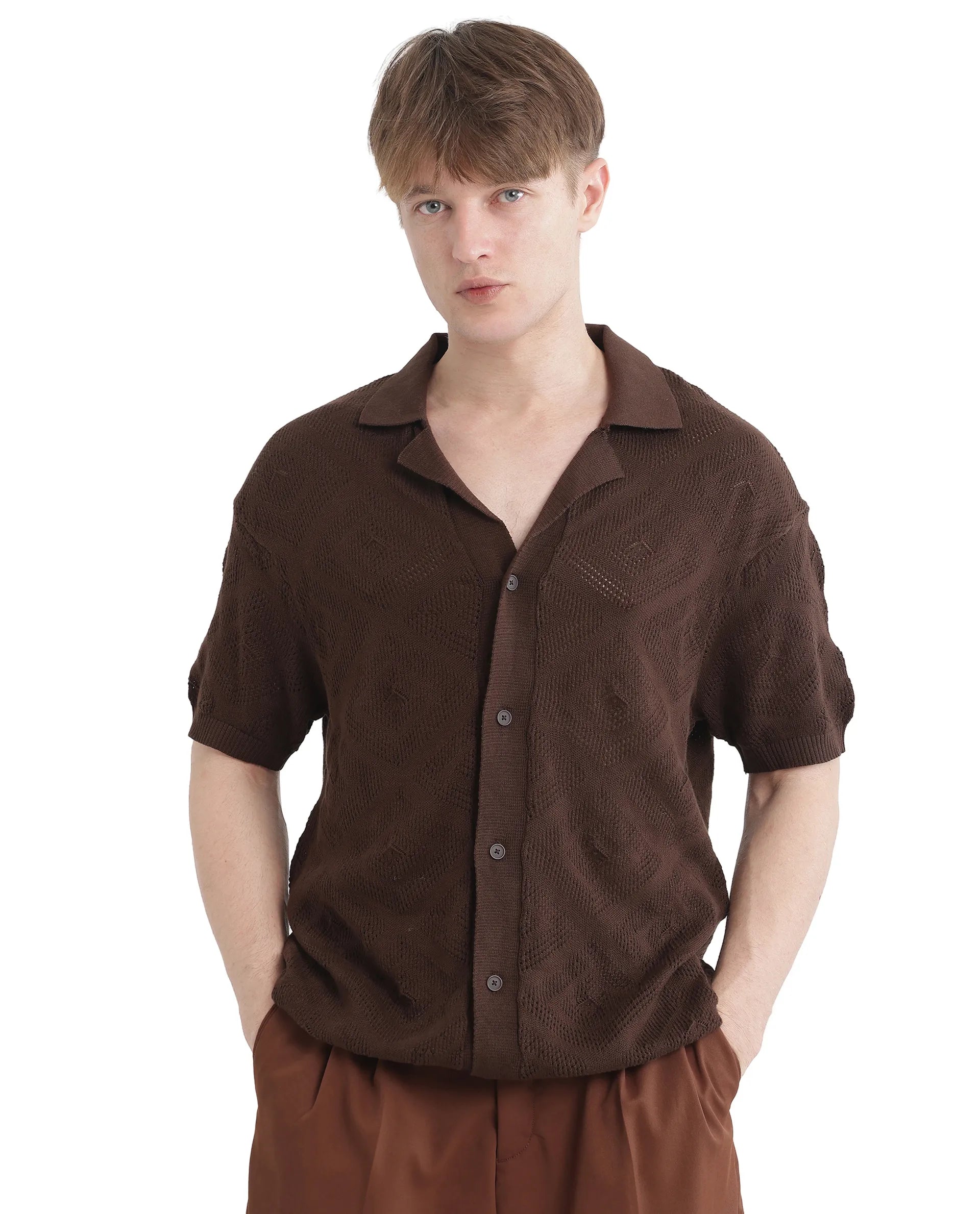 Rare Rabbit Men Wats Brown Cotton Fabric Short Sleeve Cuban Collared Button Closure Knitted Plain Shirt
